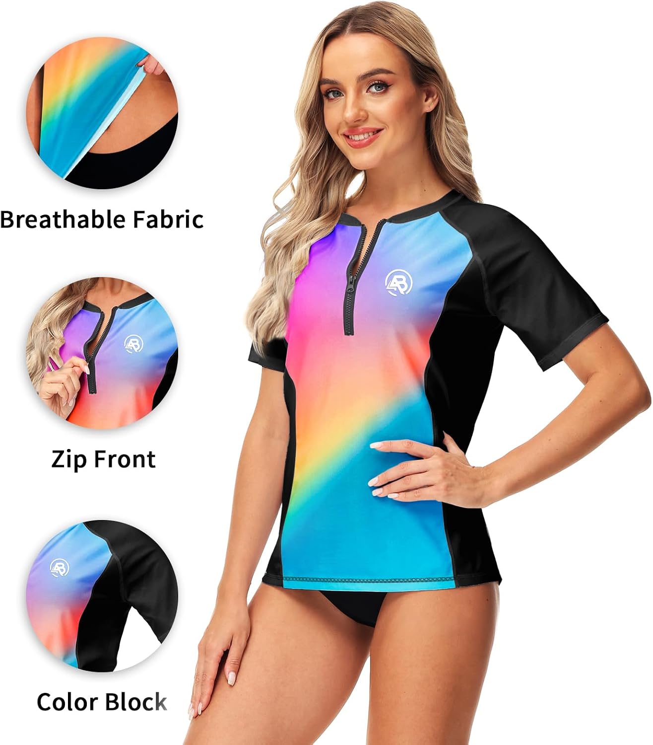 AOBUTE Short Sleeve Rash Guard Women Zip Front UPF 50 Swim Shirt Gradient Quick Dry Rashguard XL