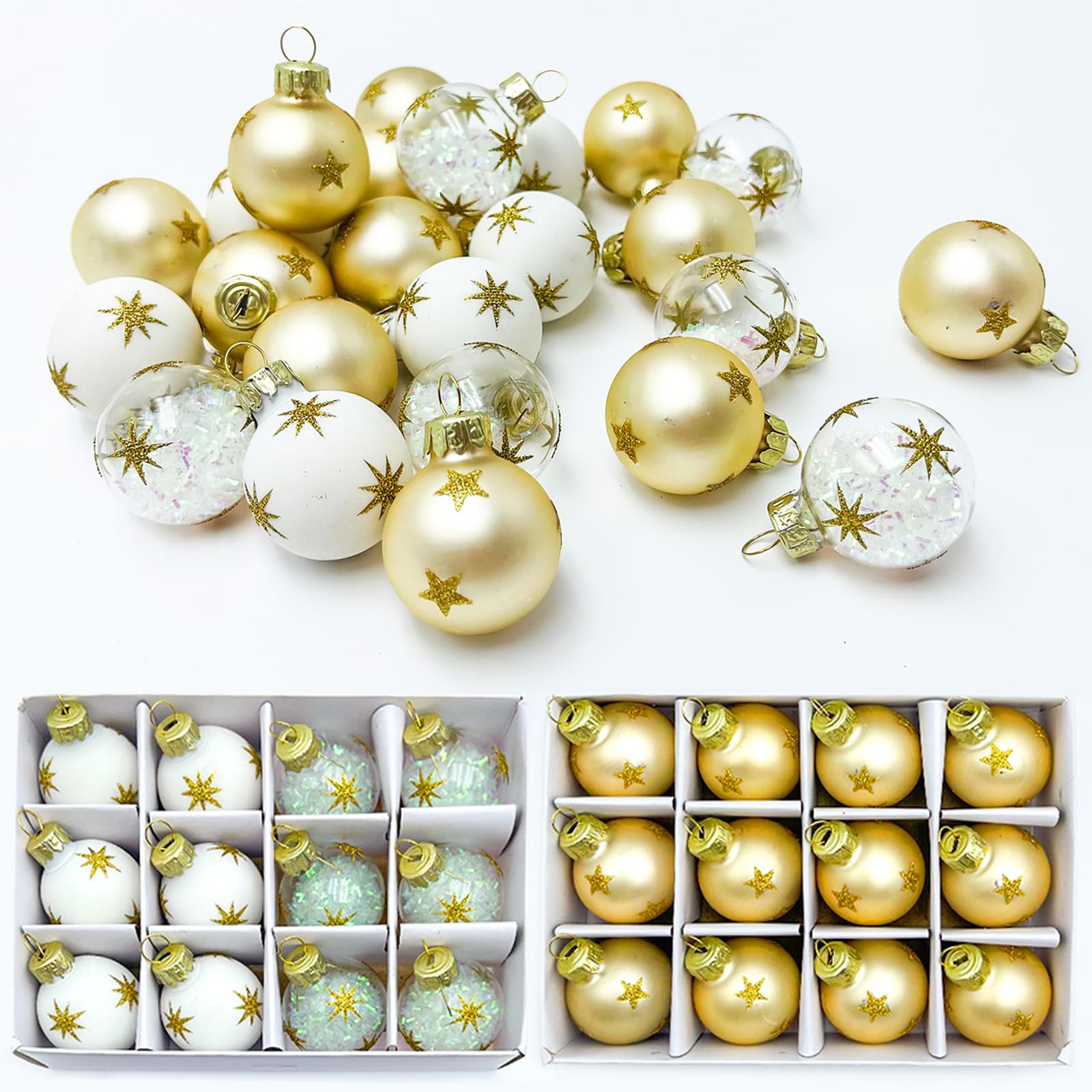 Bolas De Navidad Cristal, Decoracion Navidad Arbol, Pack Adornos Navidad Arbol, Adornos Navidad Casa, Decoración Navideño Baubles 3cm Rojas Doradas Verde Blanco Ornaments 24pcs Kit con Cajas (A)