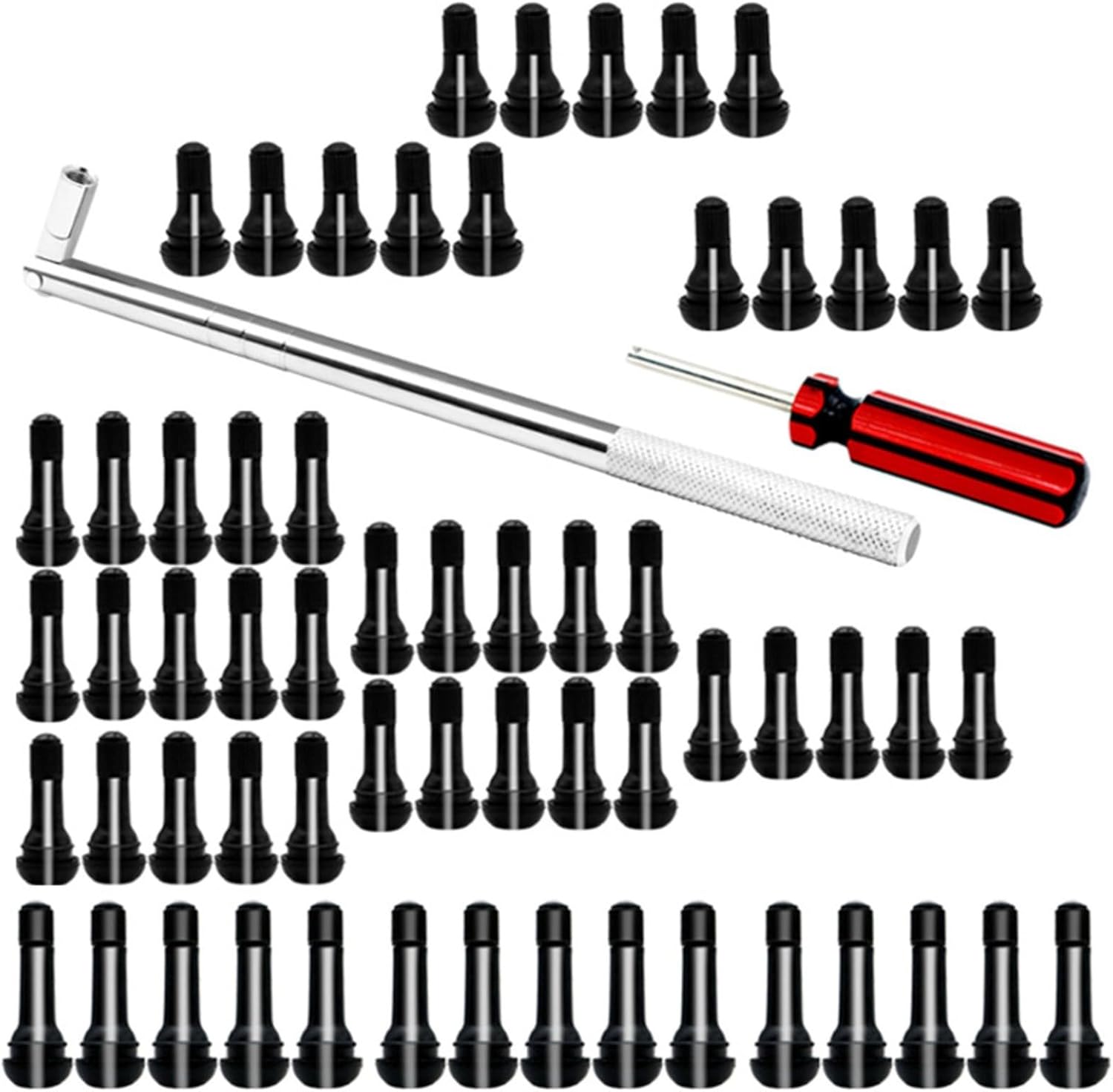 62PCS Tire Valve Stem Puller Set with EPDM Snapin Stems and Core Remover Tool for Tubeless Maintenance On Various Vehicles Including UTVs and Lawn Mowers
