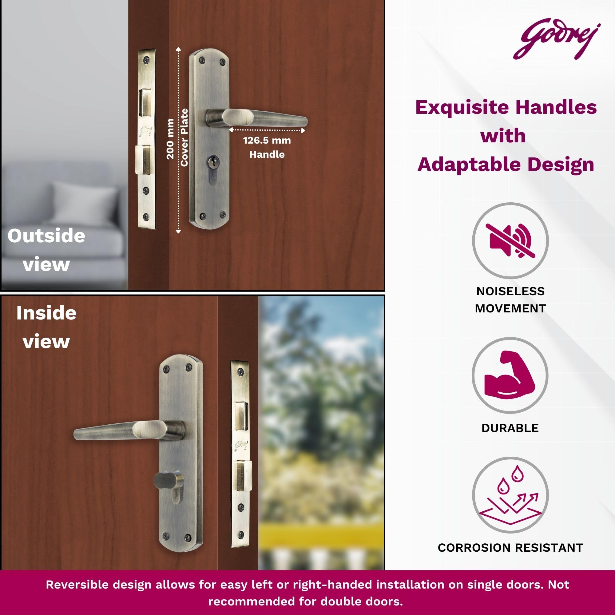 Godrej Mortise Lock I Handle Set 1CK EM01 I Antique Brass Finish I Pin Cylinder Technology I 3 Keys I Double Throw I 5" Handle I Left/Right Handed Door Operation I 1 Year Warranty — Amazon image 2