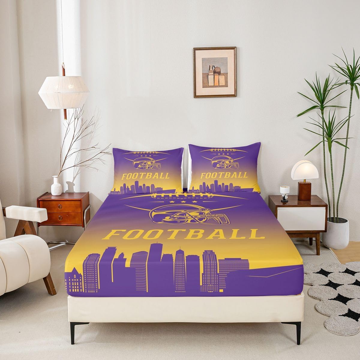 Erosebridal Gridiron Fans Sheet Set Twin Bed Sheets Set Kids Sports Room Decor, Football City Ball Game Sheets Rugby Sports Flat Fitted Sheet with 1 Pillowcase,Purple Yellow