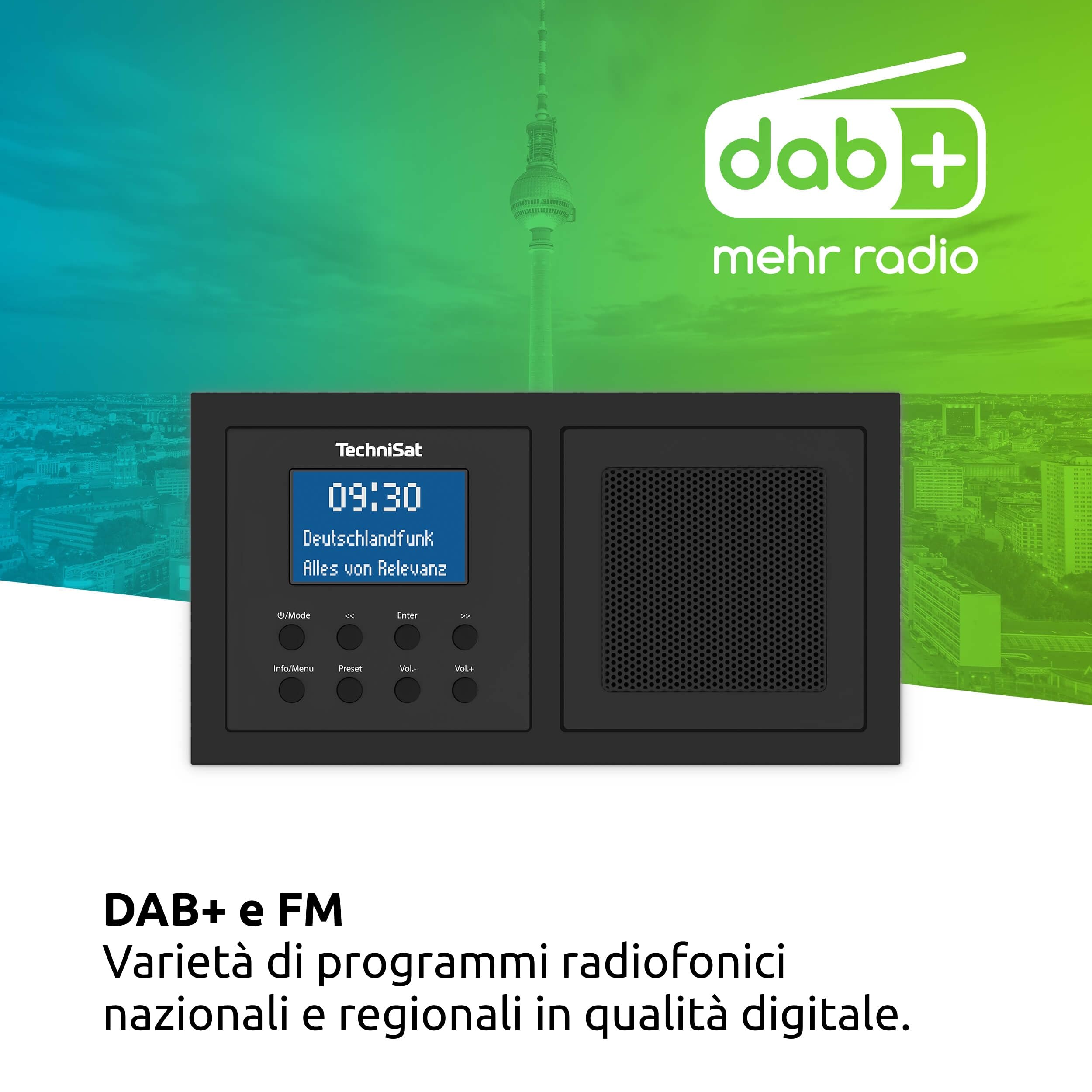 TechniSat DIGITRADIO UP 1 - Radio da incasso DAB+ per installazione in qualsiasi scatola doppia da incasso (DAB, VHF, Bluetooth, Display LCD dimmerabile, Sveglia, Timer di spegnimento, 2 Watt), Nero