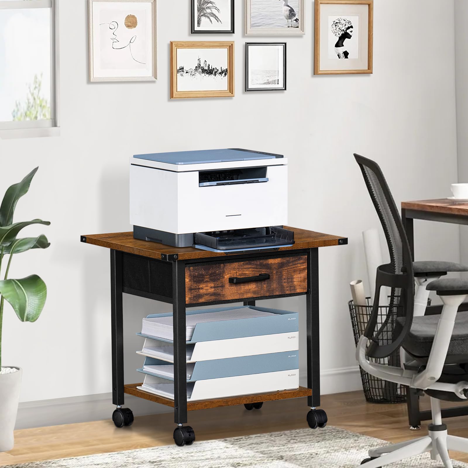 HOOBRO Druckertisch, Druckerwagen mit arretierbaren Rädern, Druckerständer rollbar mit 2 Ebenen, Druckerhalter Industrie-Design, Rollcontainer, für Büro, Fax, Greige und Schwarz EBG02PS01G1