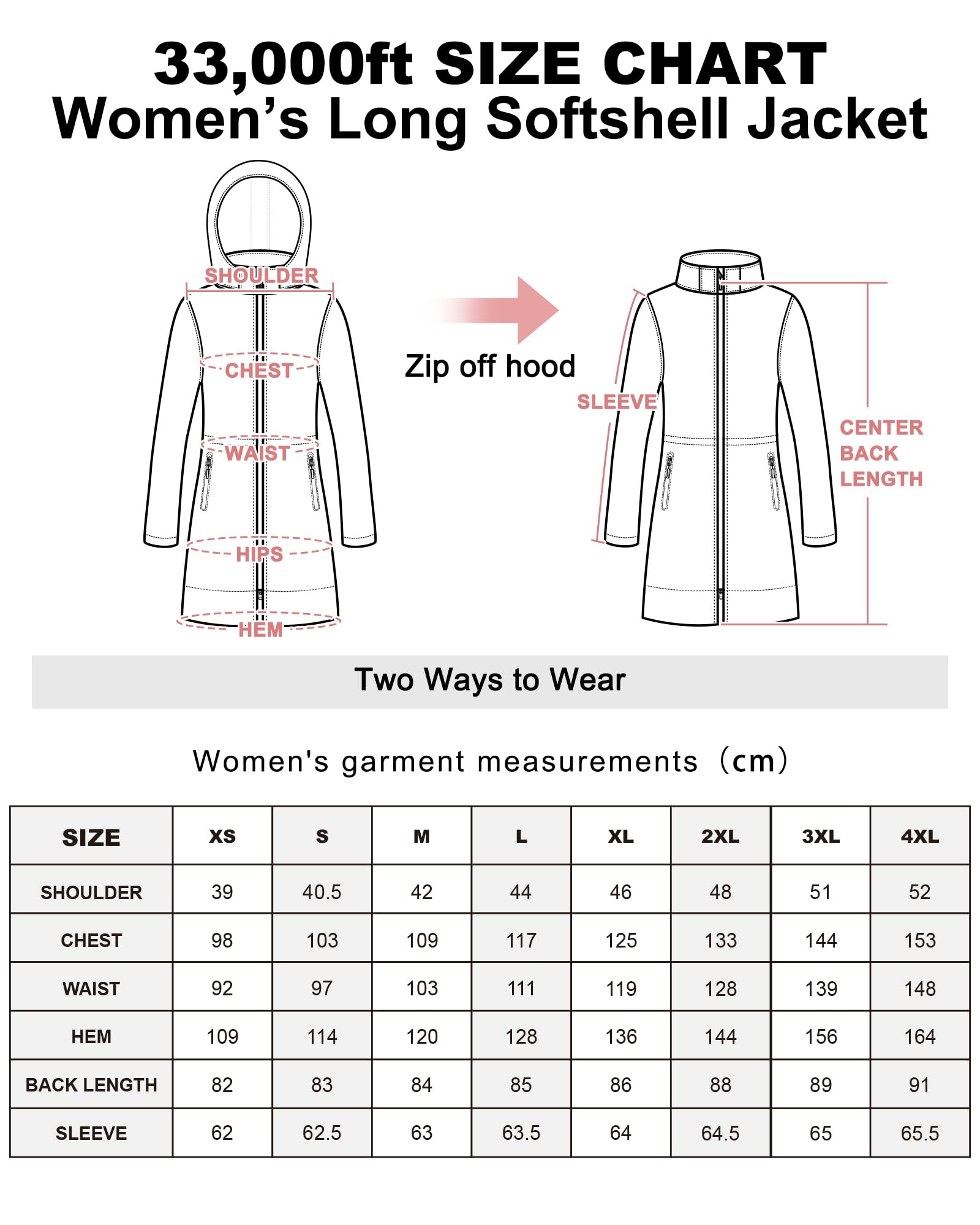33,000ft Giacca softshell da donna, lunga per le mezze stagioni, impermeabile, antivento, traspirante, con cappuccio rimovibile, Nero , XL