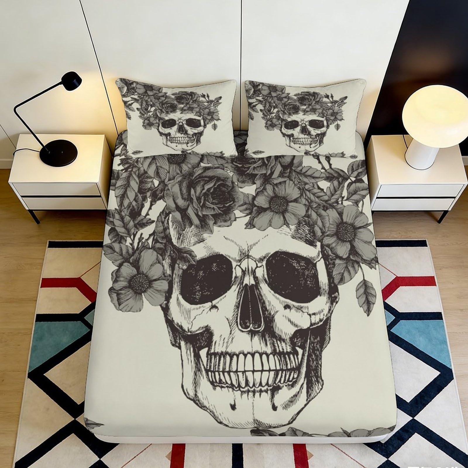 Jqzkxnhpbr Style-1 3D Printed Skull Rose Fitted Sheet Microfiber Black Gothic Bed Sheet For Bedroom Dorm Mattress Cover Decor 90X200x25cm