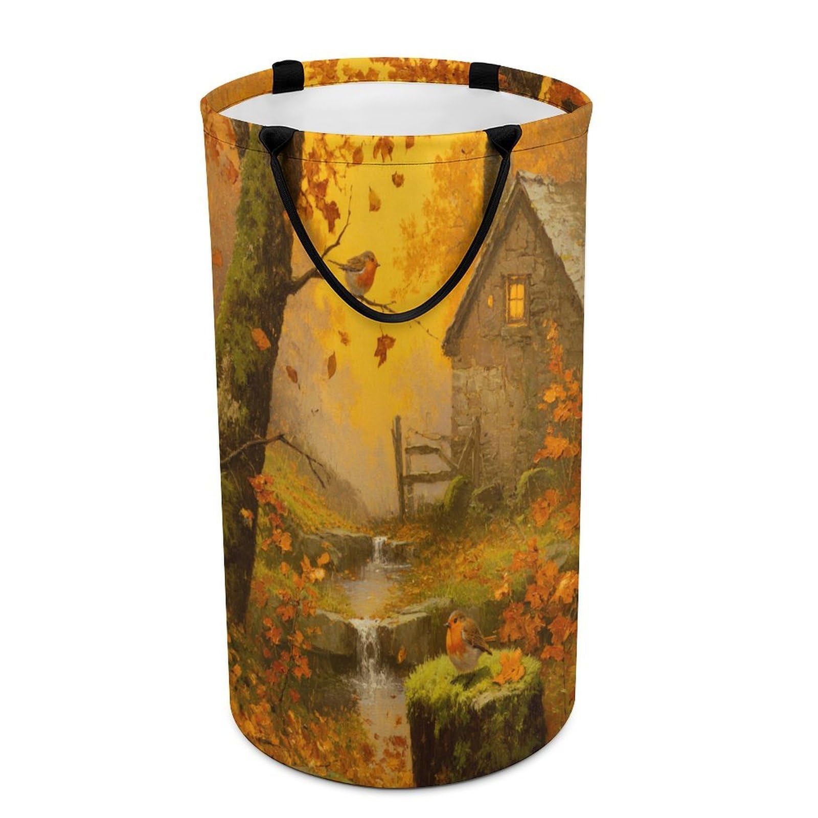 LUYYSKY Beautiful Realistic Log Cabin Versatile Storage Laundry Basket, Classic Abstract Fall Plant Maple Trees Animal Birds Pattern Large Bathroom Laundry Hamper With Handle-40 CM Dia, 69 CM High