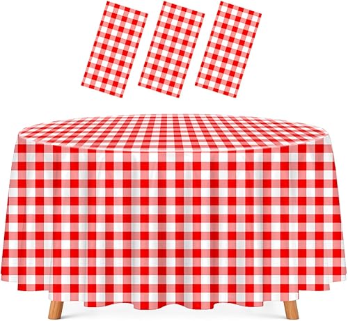 HEIPINIUYE - Juego de 3 manteles desechables rojos de Gingham, manteles de plástico para mesa redonda de 84 x 84 pulgadas, manteles de cuadros rojos