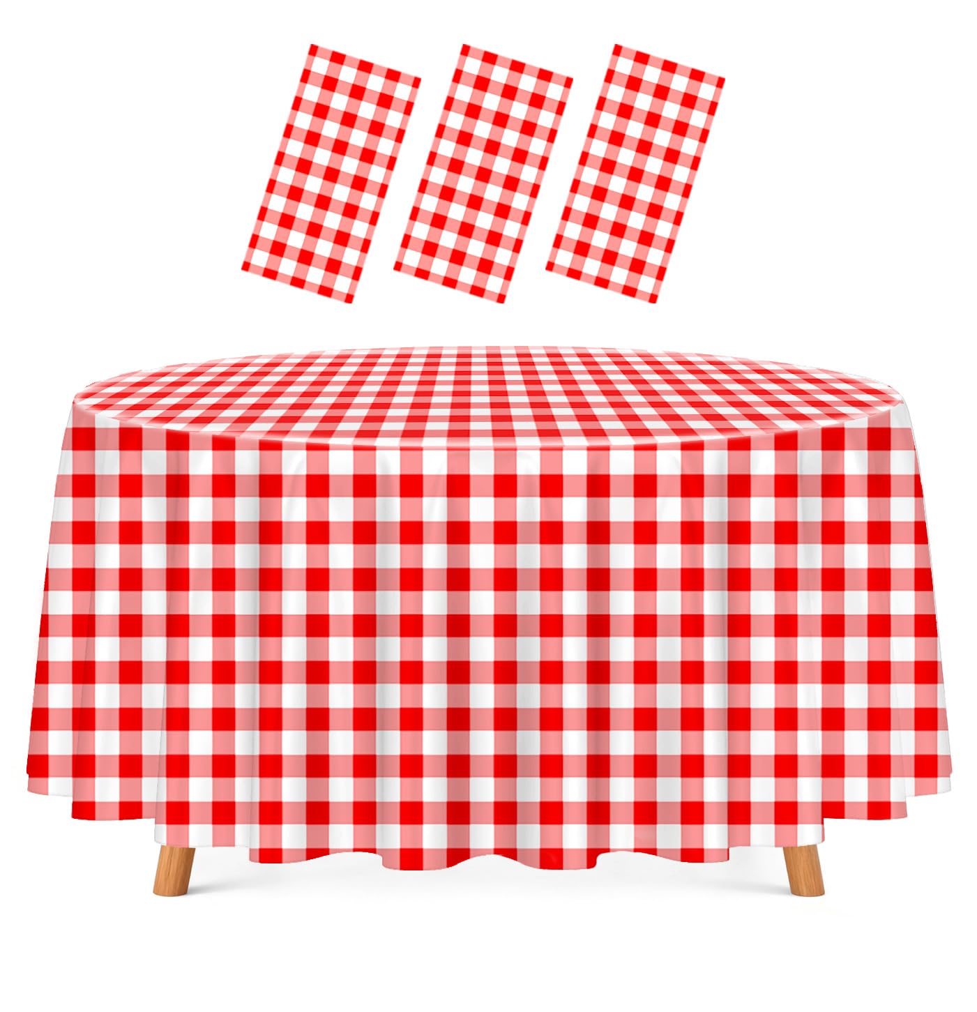Photo 1 of HEIPINIUYE 3 Pack Red Gingham Tablecloth Disposable 84 x 84 Inch Round Red and White Plaid Plastic Table Cover Disposable Table Cloth for Party Birthday Picnic Christmas Checkered Tablecloths