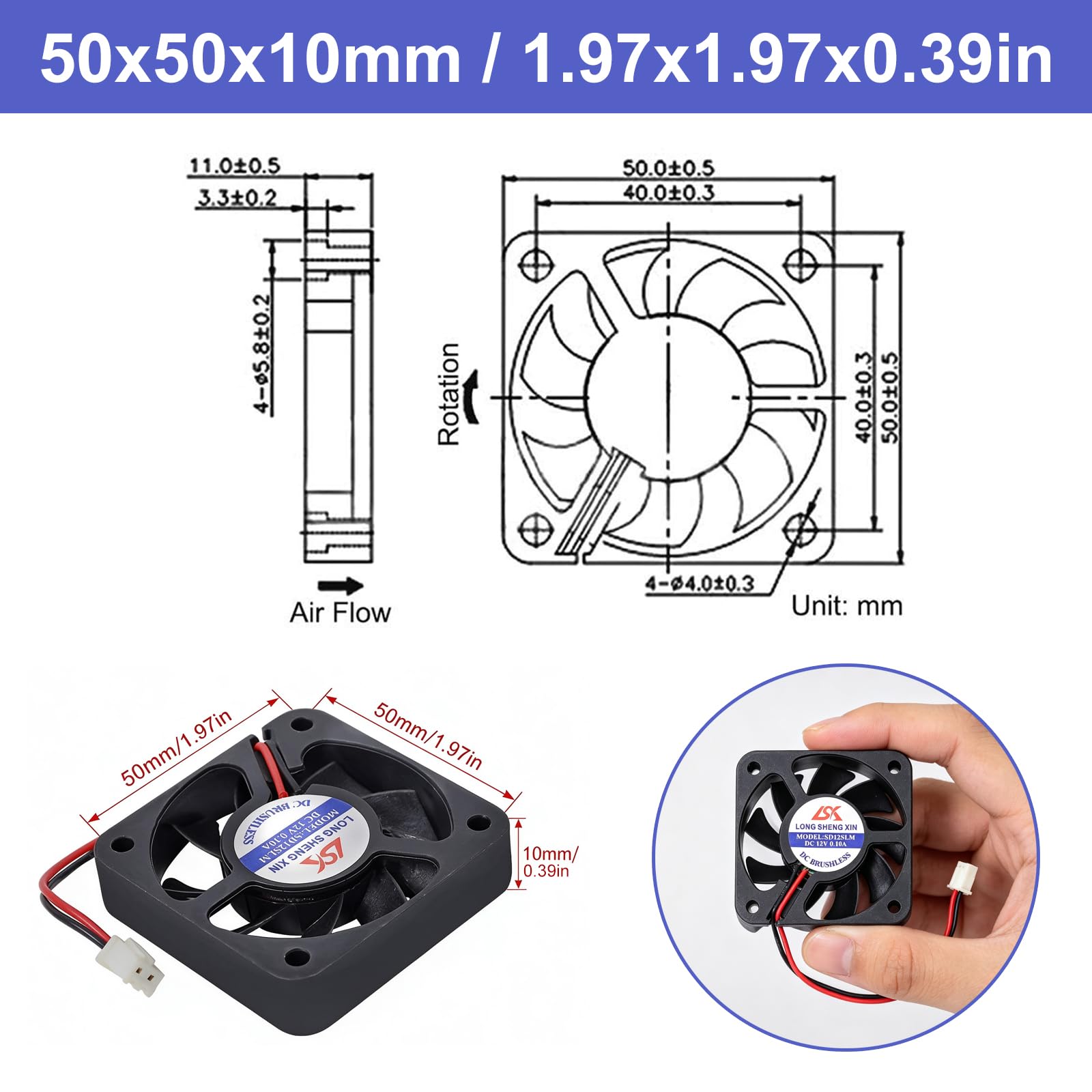 Icstation - Ventola di raffreddamento senza spazzole, ventola di raffreddamento CC 50 mm x 50 mm x 10 mm, 5010 12 V, ventola a 2 pin, 0,1 A, per stampante 3D