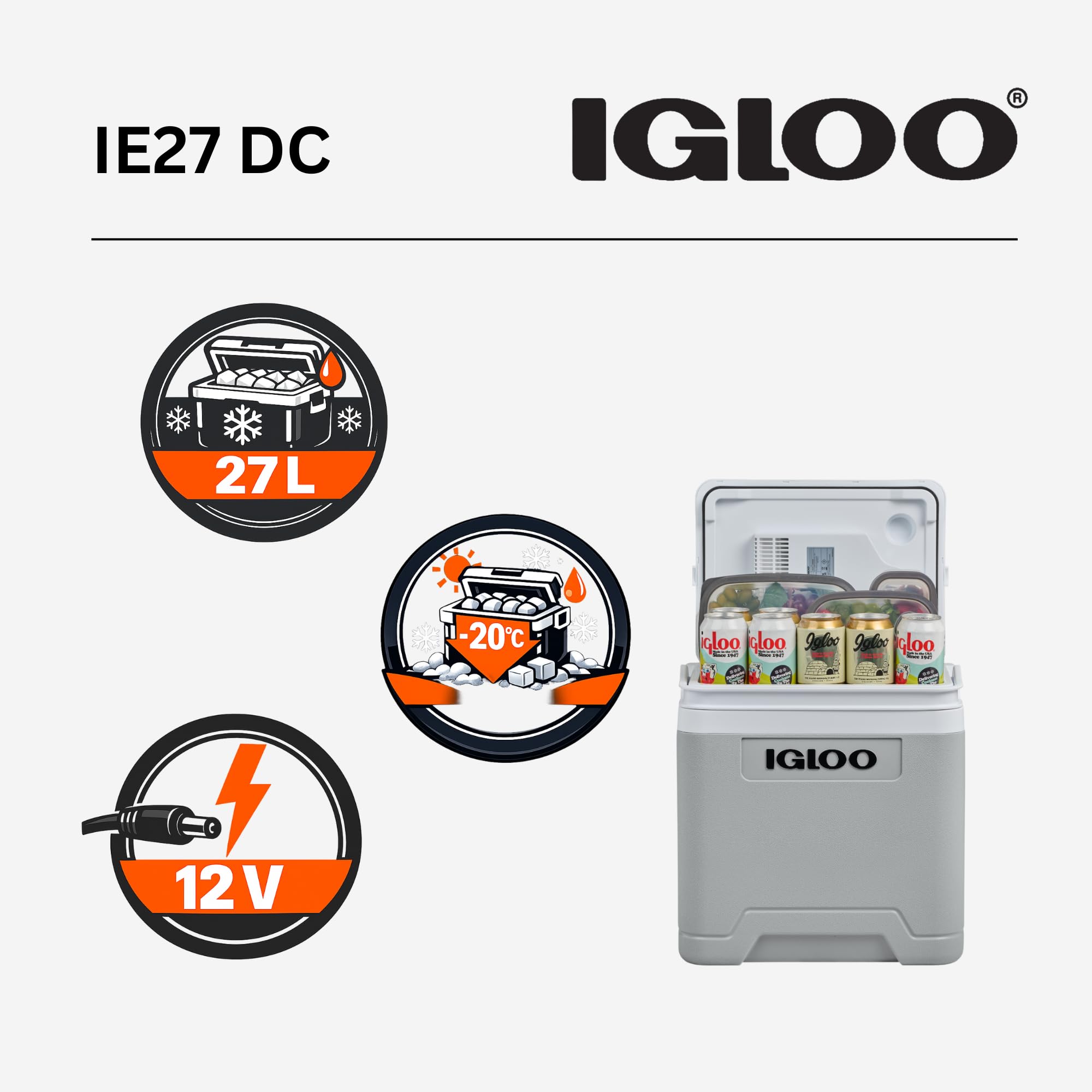 IGLOO IE27DC elektryczna lodówka turystyczna 12V, 27L – kompaktowa lodówka samochodowa na kemping, wakacje, łódź i festiwale, lekka i przenośna, z praktycznym schowkiem na kabel