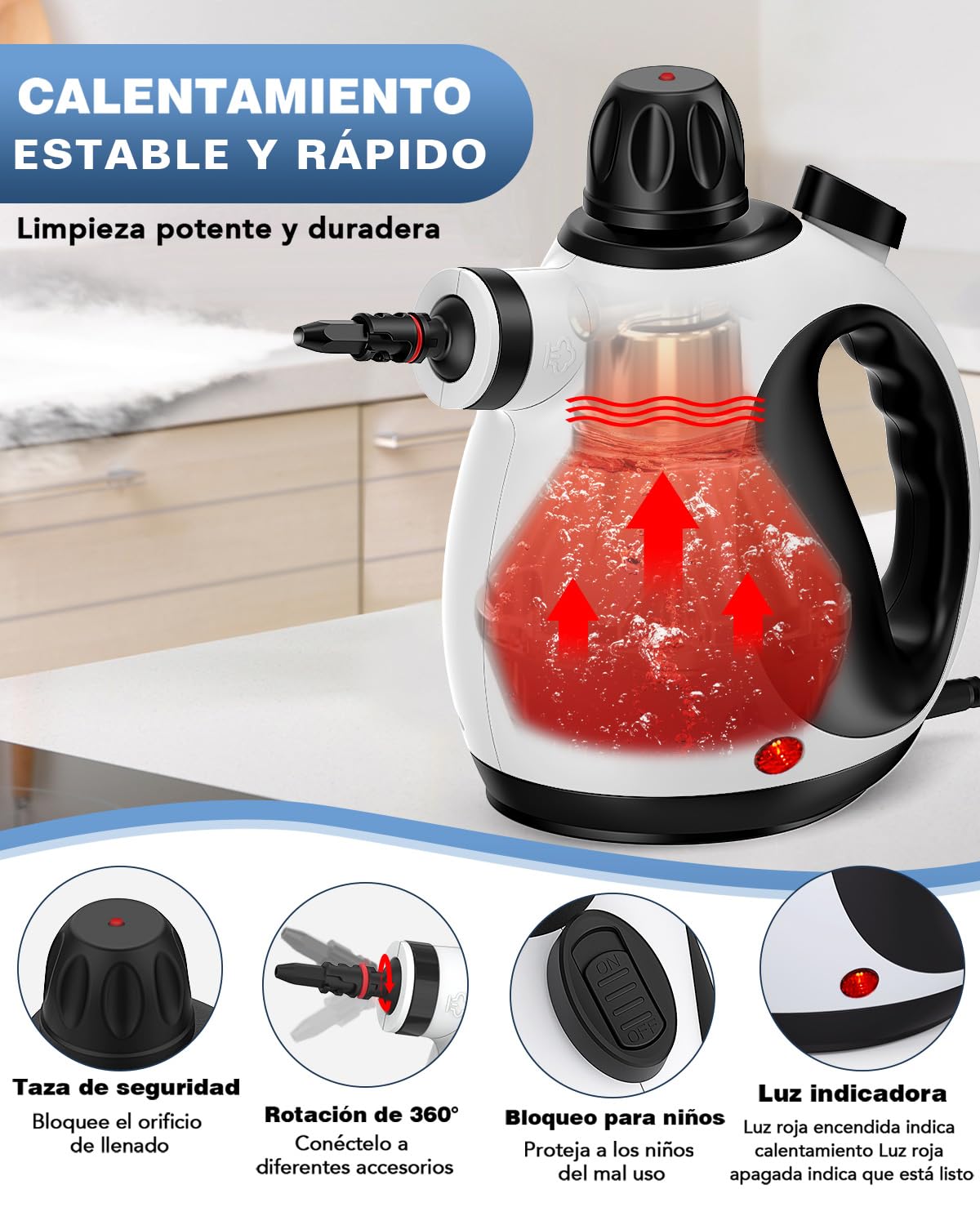 KLONA Limpiador a vapor de mano para el hogar, limpiador a vapor multiusos con 10 accesorios para alfombras, cortinas, sofás, cocina, baño y más.