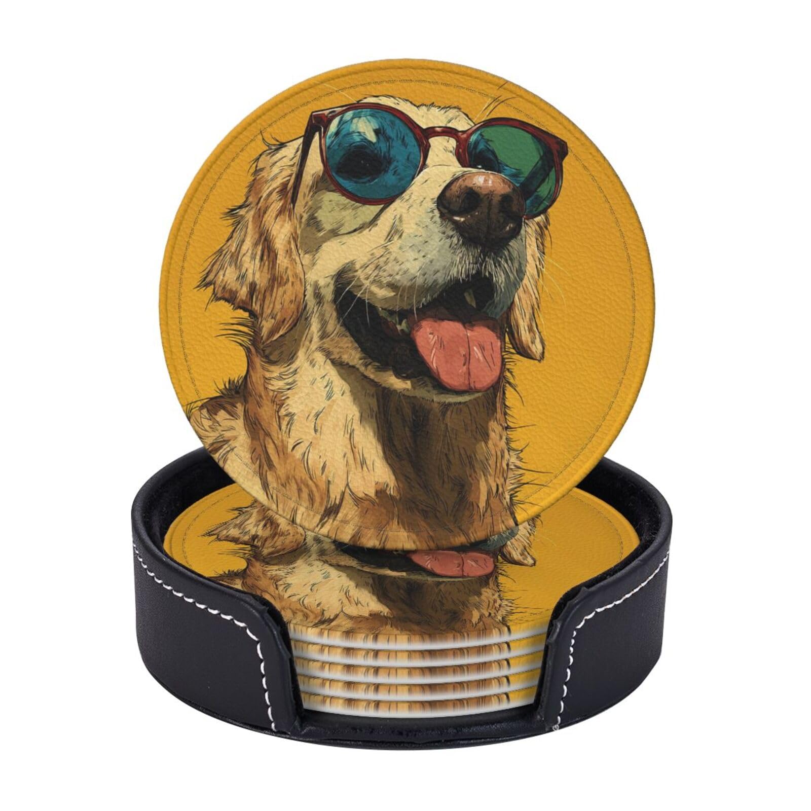 Djfrlcpwsj Funny Golden Retriever Drink Coasters Set Of 6 Coffee Leather Coaster With Holder Coasters For Drinks Coffee Cup Mat Heat Resistant Tabletop Protection Coaster Desk Accessorie Home Decorative