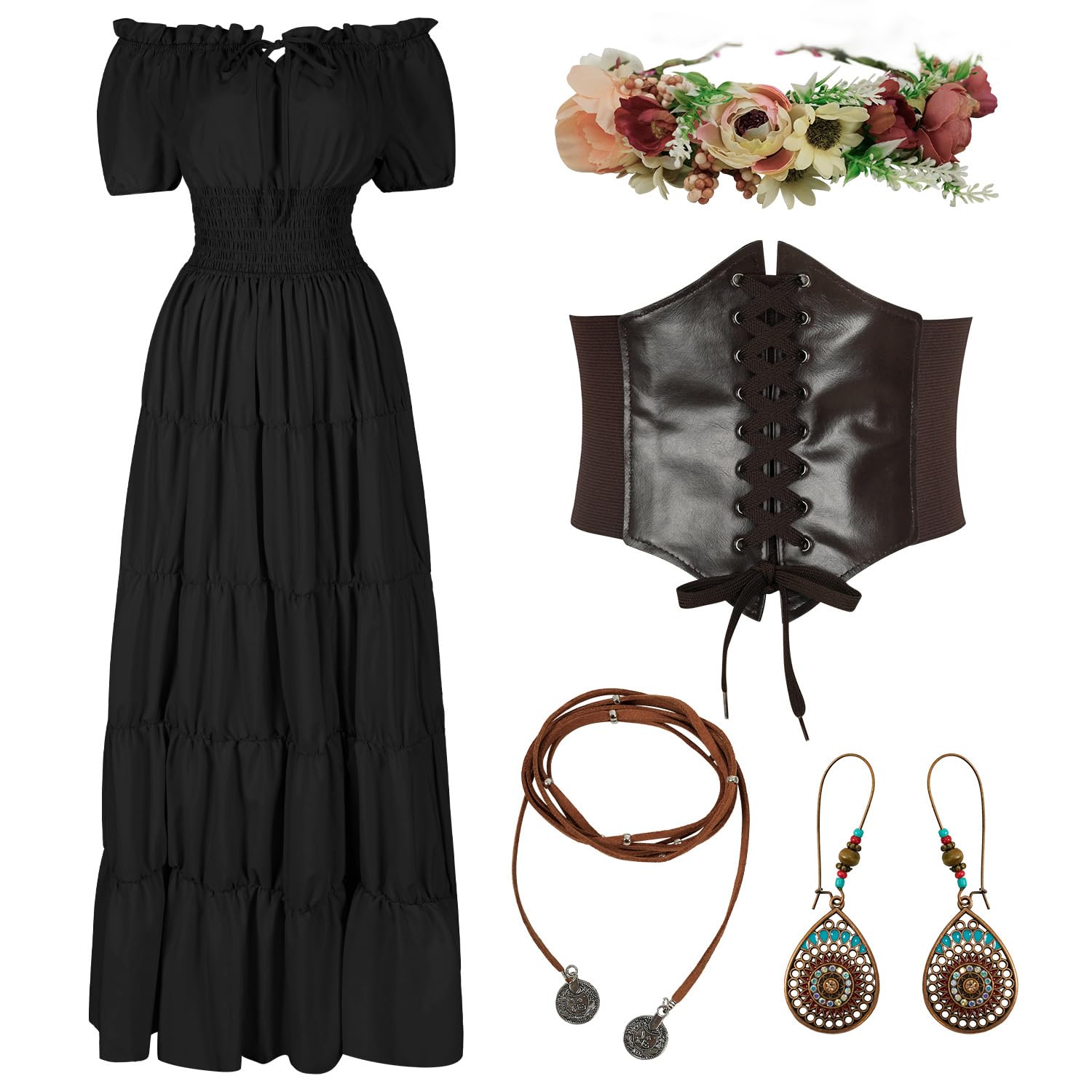 HSDOU 5 Pcs Renaissance Medieval Costume Dress Women Fairy Dress Peasant Cottagecore Dress 1700s Victorian Fairy Costume