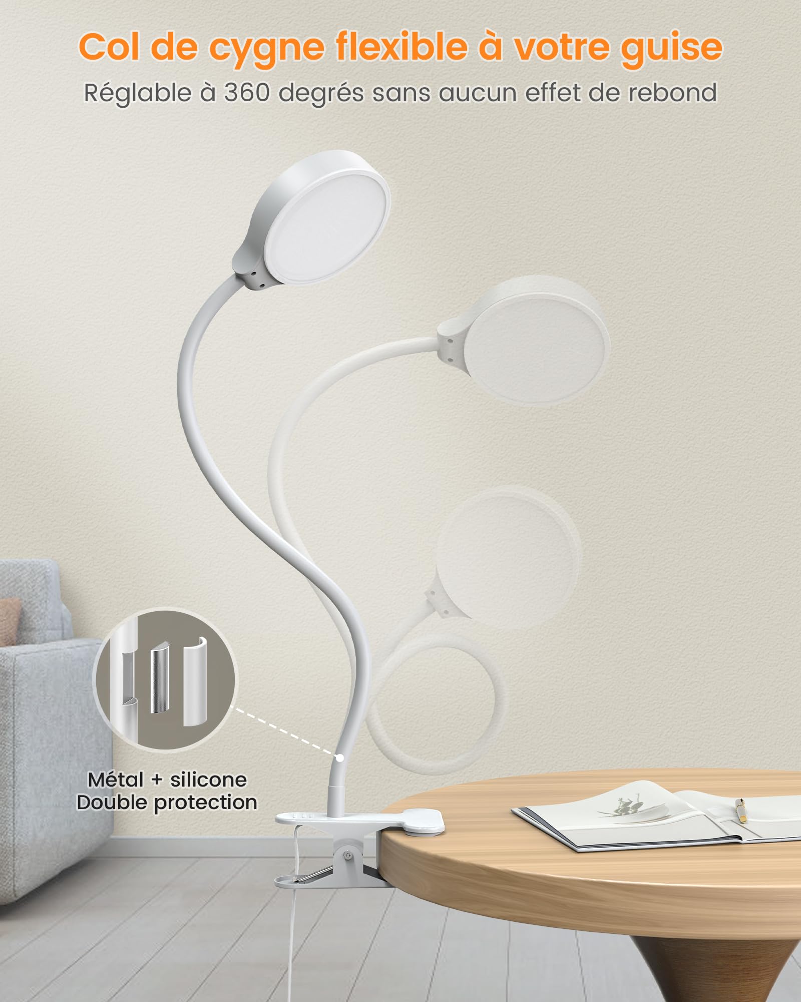 Glocusent Lampe de Lecture à Pince, 5W, 3 Couleurs, minuterie, pince stable | 36 LED, 5 Niveaux, lumière douce pour les yeux, réglage flexible, pour lit, bureau et chambre d'enfant