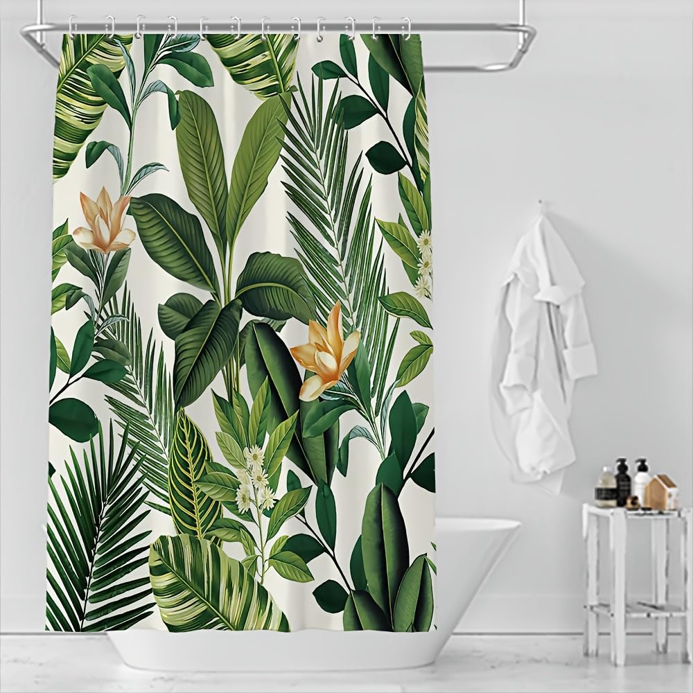 GLWDMB 1 Piece 90x180CM Green Plant And Flower Patterns Printed Shower Curtain With Hook, Polyester Fabric, For Windows And Walls, Bathtub, Bathroom, Machine Washable, All Season Universal