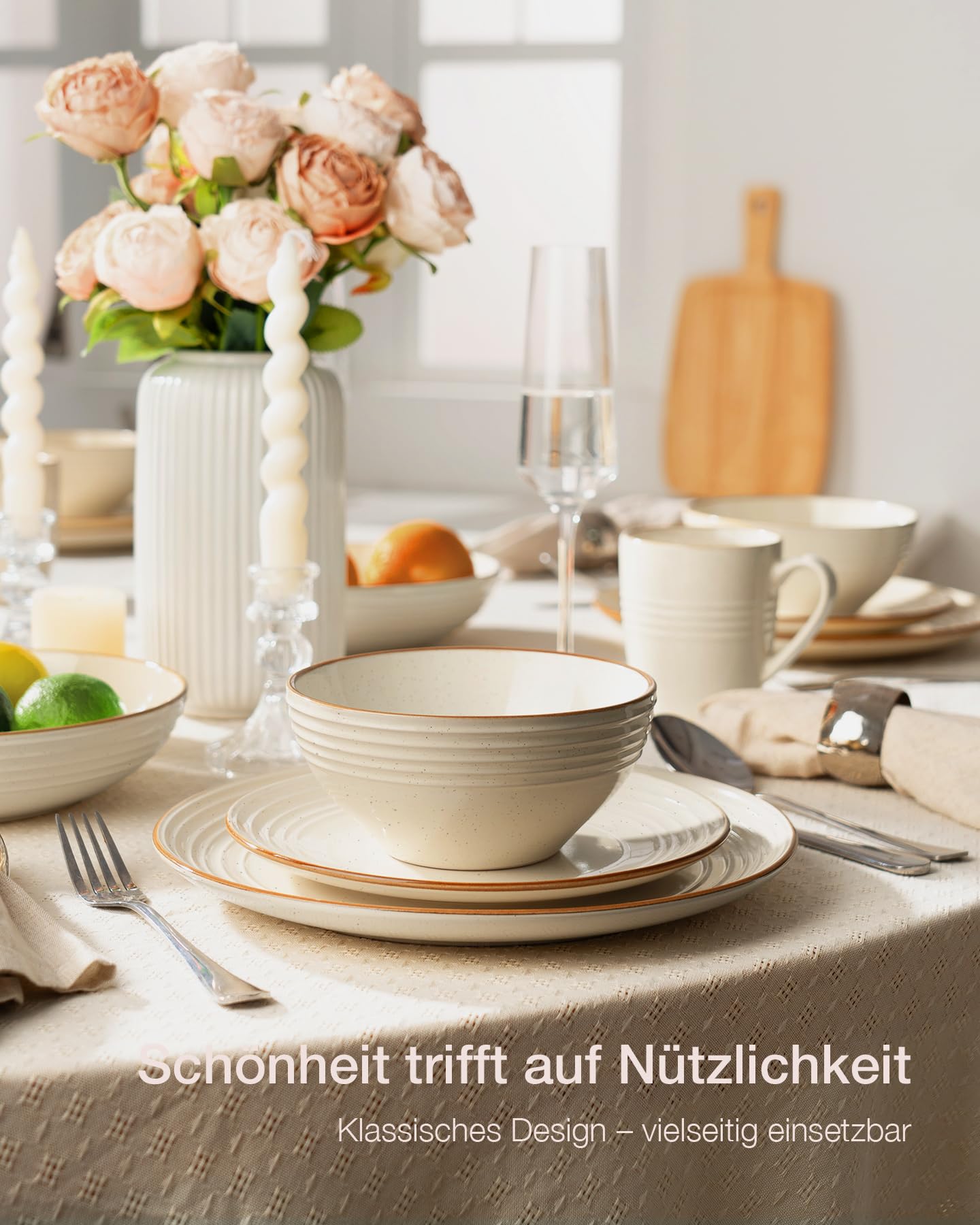 Richmount Jupiter Geschirrset 6 Personen, komplett mit Teller Set & Müslischalen, Steingut Geschirr Set mit Speckles & Rillen-Design, Spülmaschinenfest & Mikrowellengeeignet, Kratzfest, Vanilleweiß Küche, Haushalt & Wohnen