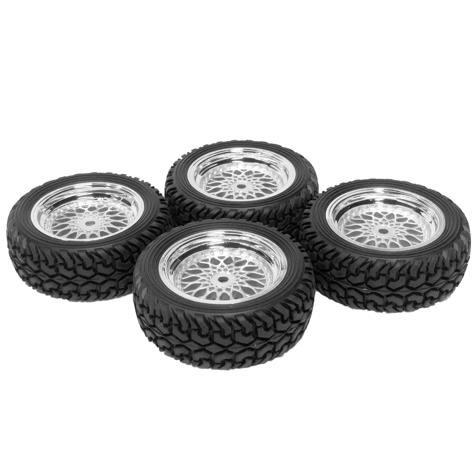KINGCOO 4PCS 75mm RC Rally Rubber Tyre 1.9 inch Plating Plastic Wheel Rims Tires 12mm Hex for 1/14 1/16 1/10 RC On Road Racing Car for Kyosho HSP HPI SCX10 TRX4 Tamiya (Silver - Image 2