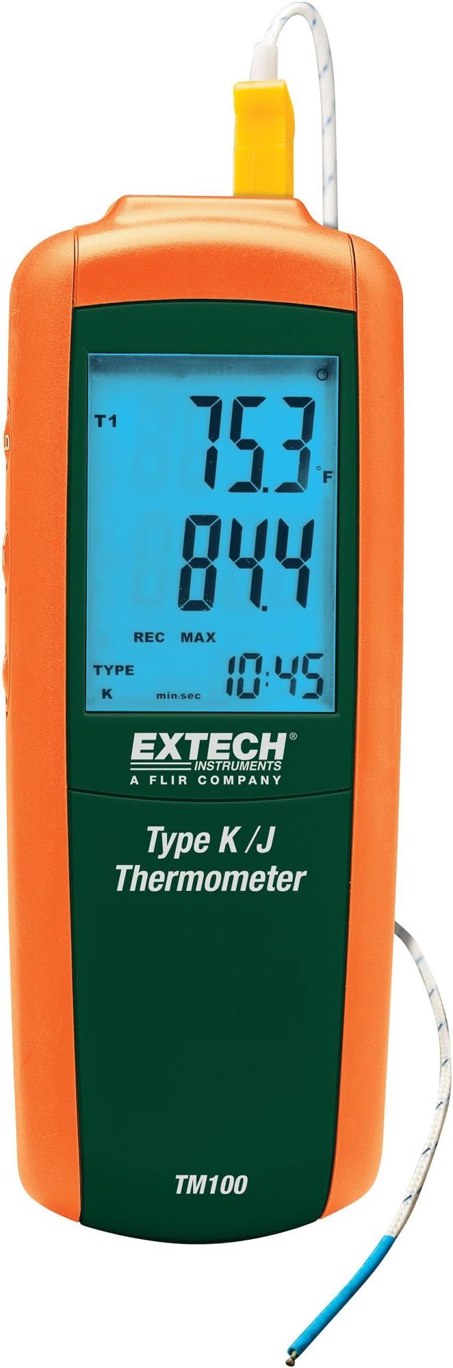 Extech TM100 Type K/J Digital Thermometer - Wide Range -328 °F to 2501 °F, Backlit LCD, Min/Max/Avg, Data Hold & Offset, Auto Power-Off, Bead Wire Probe Included