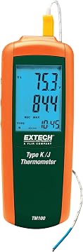 Extech TM100 Type K/J Digital Thermometer - Wide Range -328 F to 2501 F, Backlit LCD, Min/Max/Avg, Data Hold & Offset, Auto Power-Off, Bead Wire Probe Included