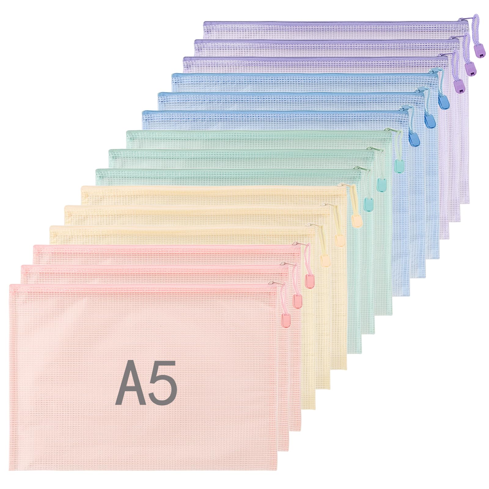 15 sztuk toreb na dokumenty z zamkiem błyskawicznym, A5, wodoszczelne, kolorowe etui na dokumenty, dokumenty, paragony, papier, szkoła, arkusz egzaminacyjny, kosmetyki, podróż, Kolor makaronika