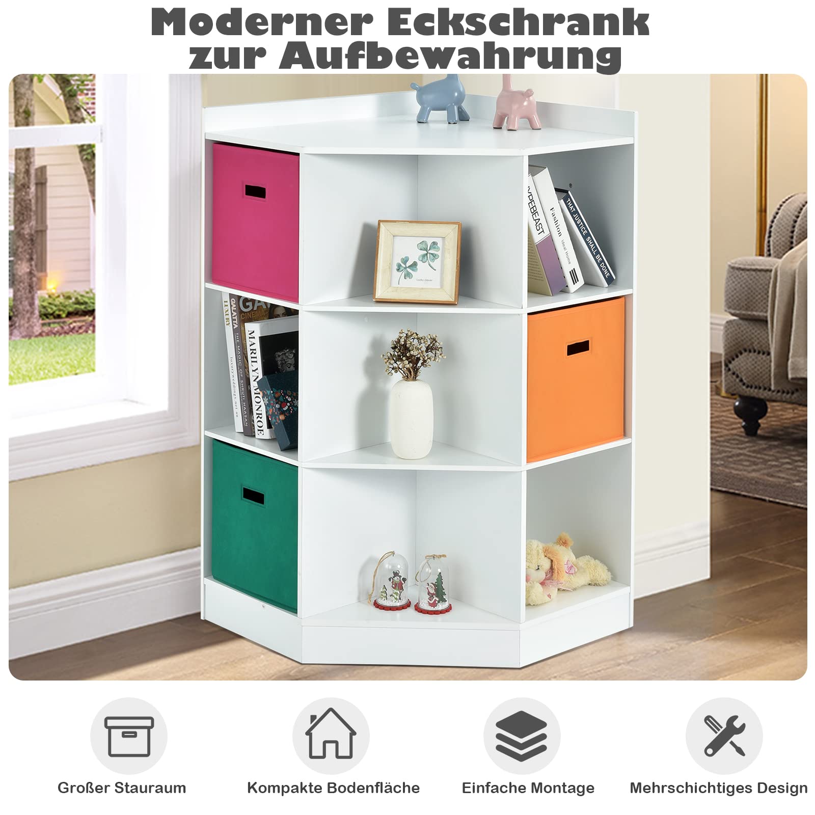 COSTWAY Bücherregal Kinder, 3-stöckiges Kinderregal mit 3 Boxen & 9 Fächern, Spielzeugregal Aufbewahrungsregal aus Holz für Kinderzimmer Schlafzimmer, 81 x 61 x 94cm (Weiß, 9 Fächer)