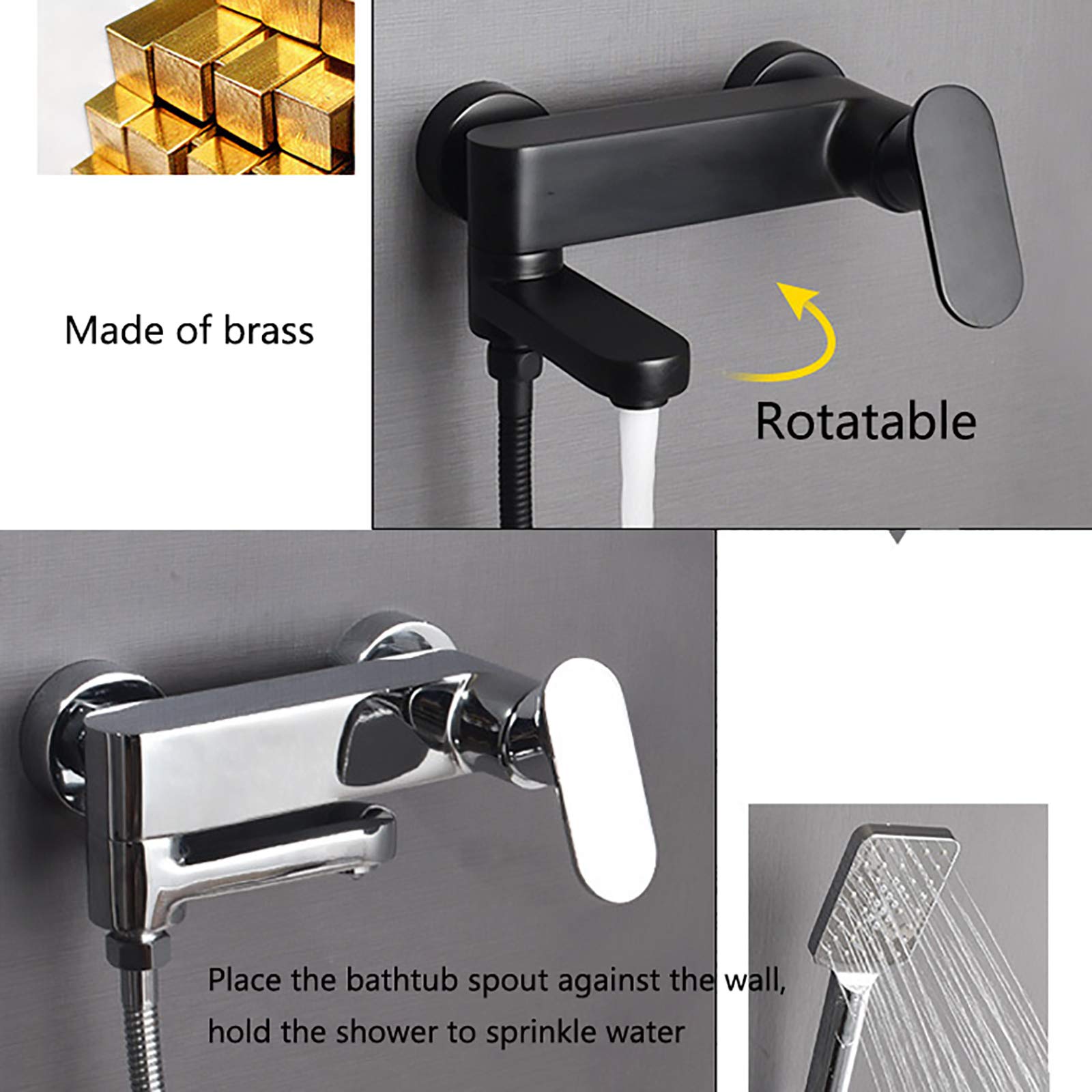 Rubinetto per vasca con acqua calda e fredda, rubinetto per vasca girevole, rubinetto per vasca a parete, rubinetto per vasca in ottone, miscelatore monocomando con doccetta a 3 modalità, nero