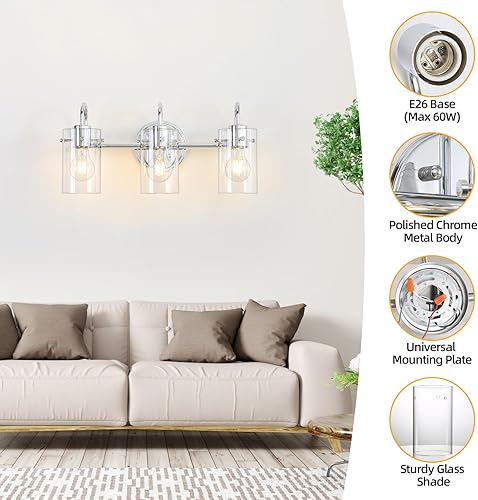 Miniatura 4 de Lámpara de tocador de 3 luces, lámpara de pared de baño de cromo pulido sobre el espejo, aplique de pared moderno con pantalla de vidrio