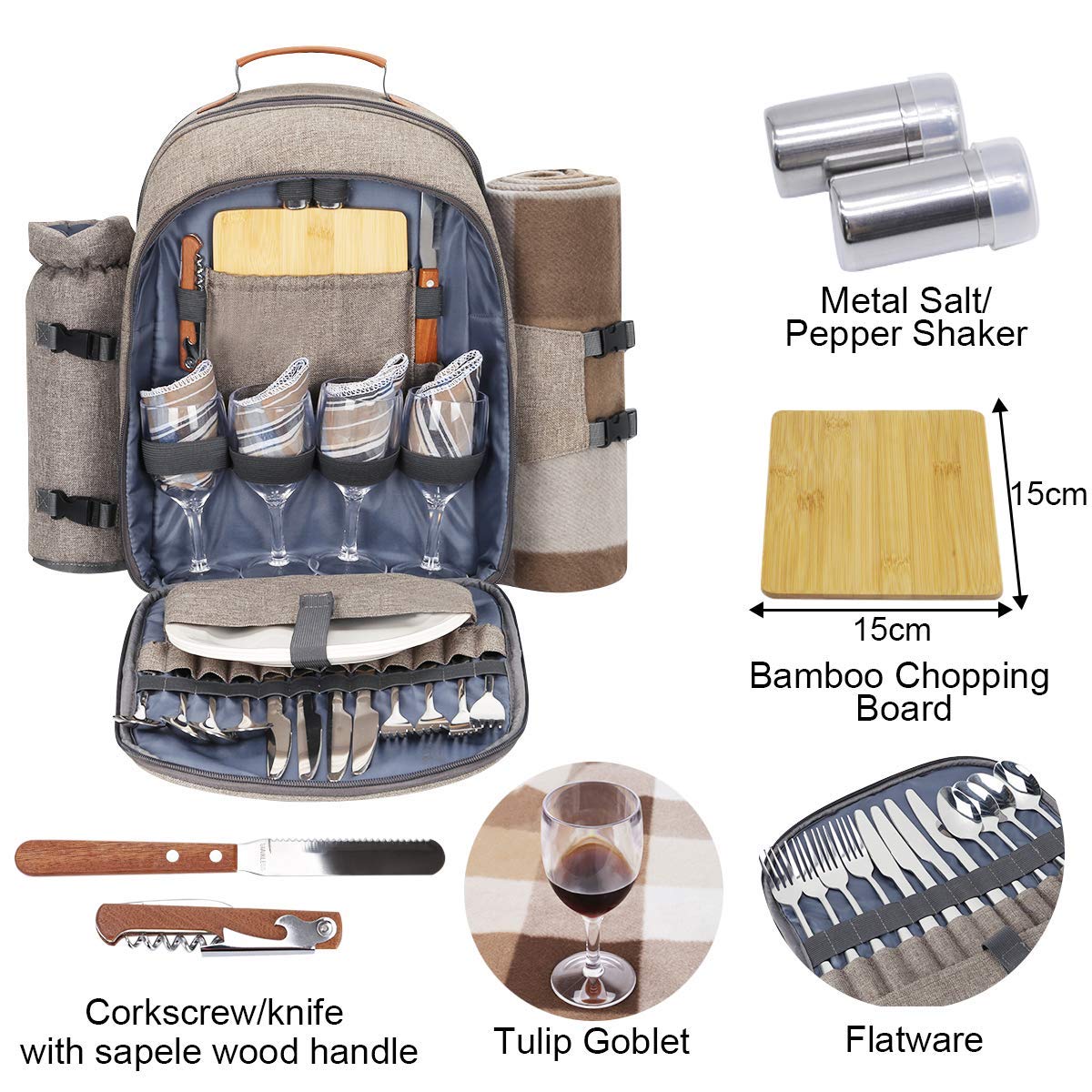 Sunflora Sac à Dos Pique Nique 4 Personnes Deluxe avec Poche Sac Pique-Nique Isotherme Panier Pique Nique avec Vaisselle et Couverture pour Camping Familial pelouse(Beige)