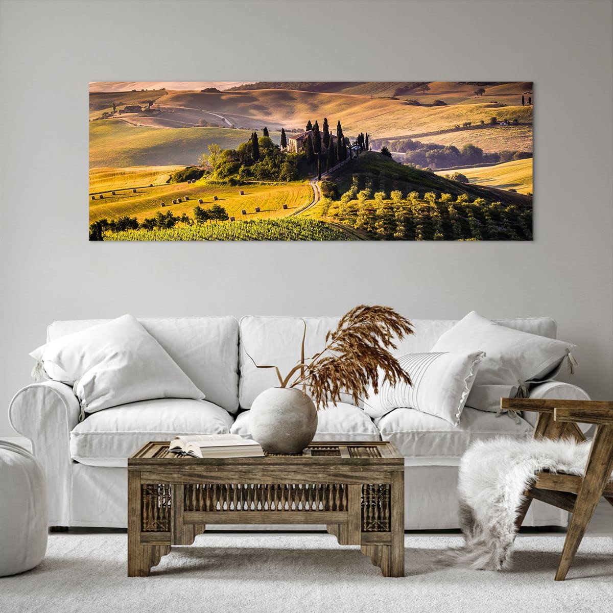 Quadro moderno Stampa su Tela CANVAS WORLD 52x122 cm FLYING TREE, uccelli in foresta astratta oro, per soggiorno, capezzale camera da letto, ufficio