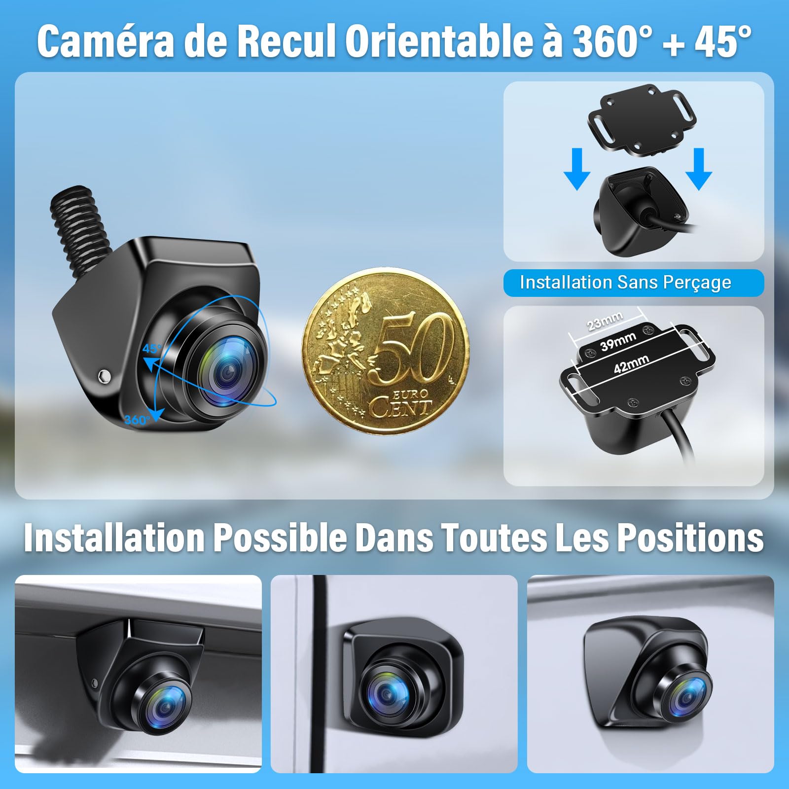 Vtopek 180° Grand Angle Caméra de Recul Voiture AHD 1080P Rotation à 360°