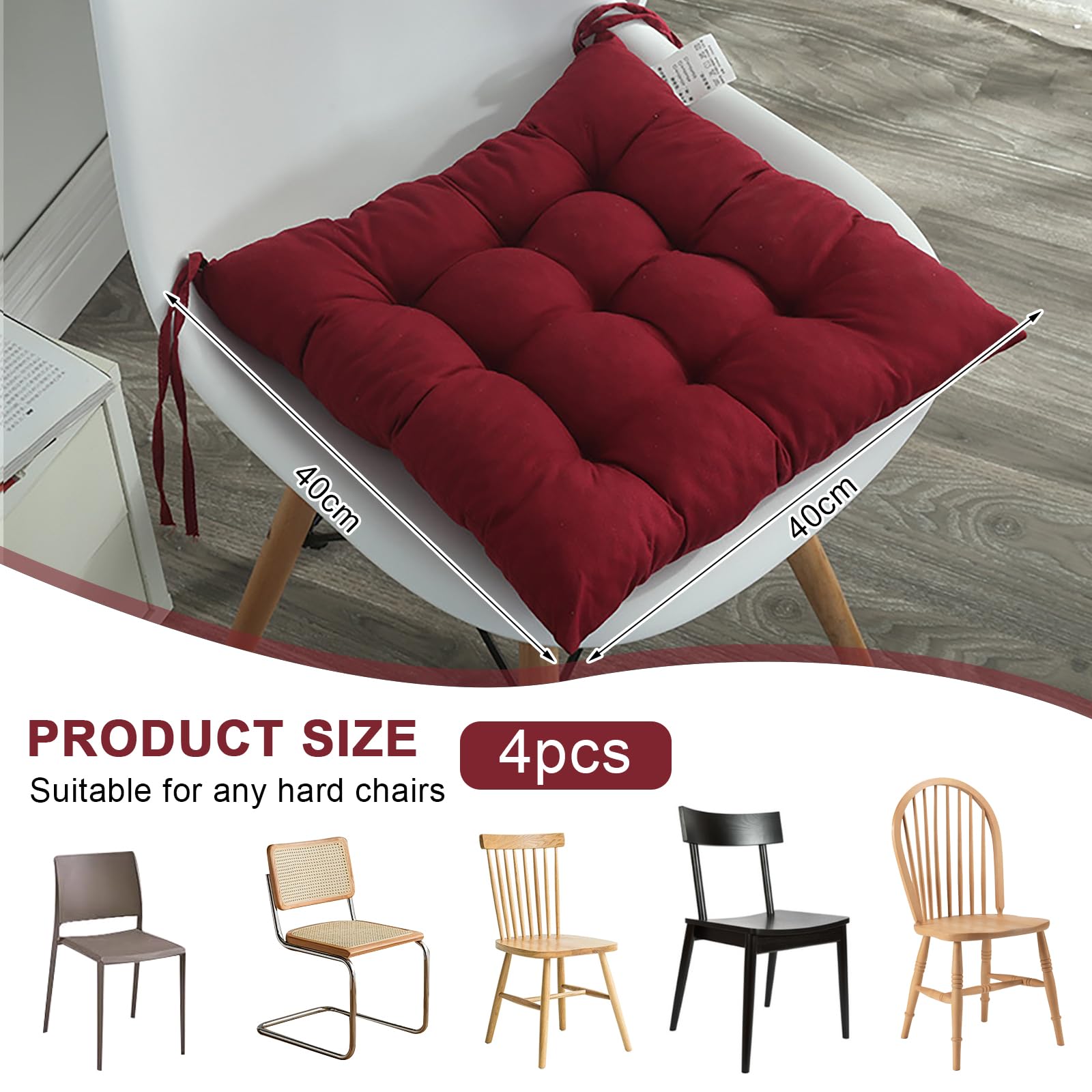 Lot De 4 Coussins De Chaise 40x40 Cm Avec Sangles - Intérieur Et Extérieur - Gris - Rembourrage Coton Perlé