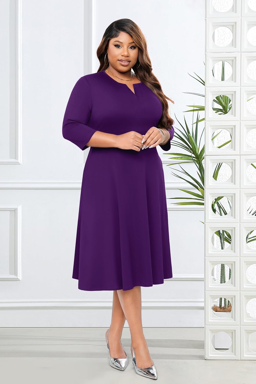Runwind Plus Size Midi Dress for Women Casual Cocktail Church 3/4 Sleeve V Neck Work A-Line Dresses with Pockets - Image 4