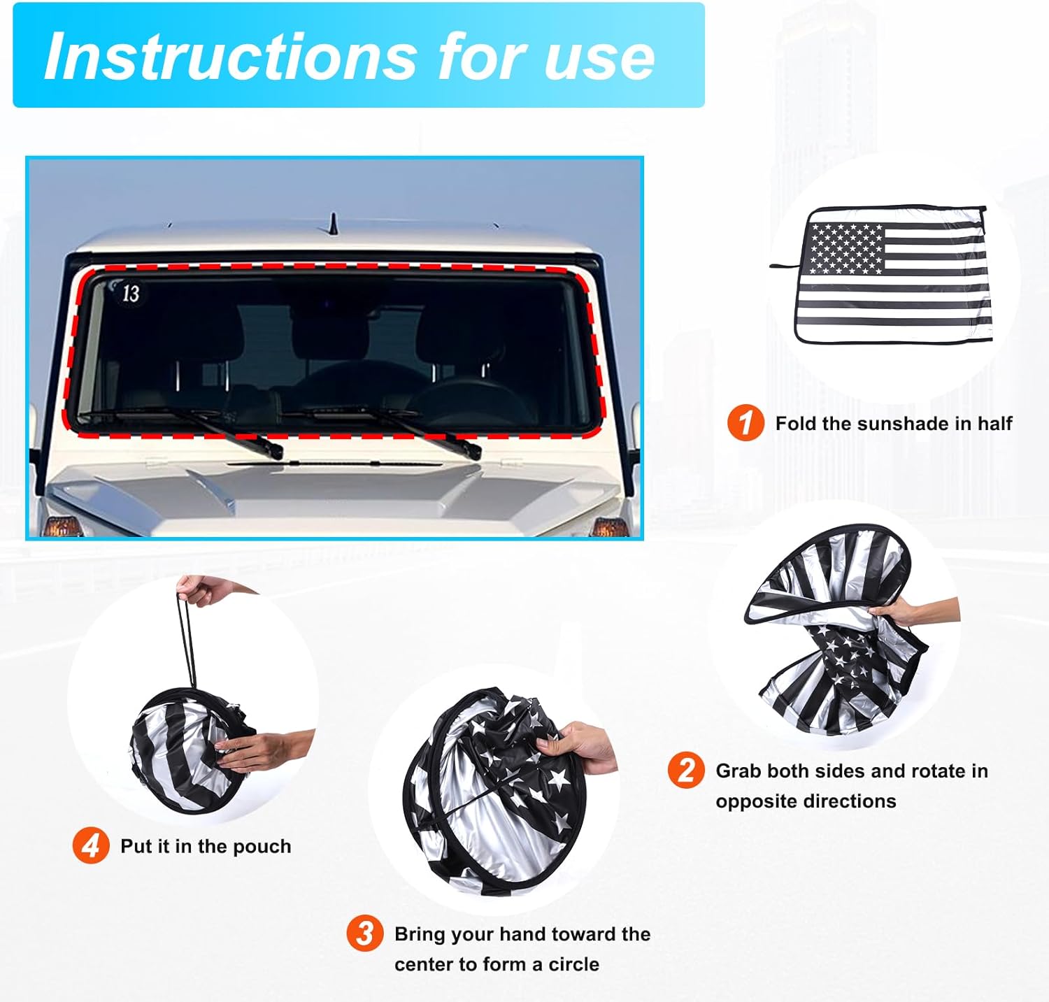 Windshield Sunshade Compatible with Mercedes Benz G Class 2004-2018, US Flag Foldable Windshield Cover Keep Car Cool, Window Sun Visor Protector UV Ray Reflector