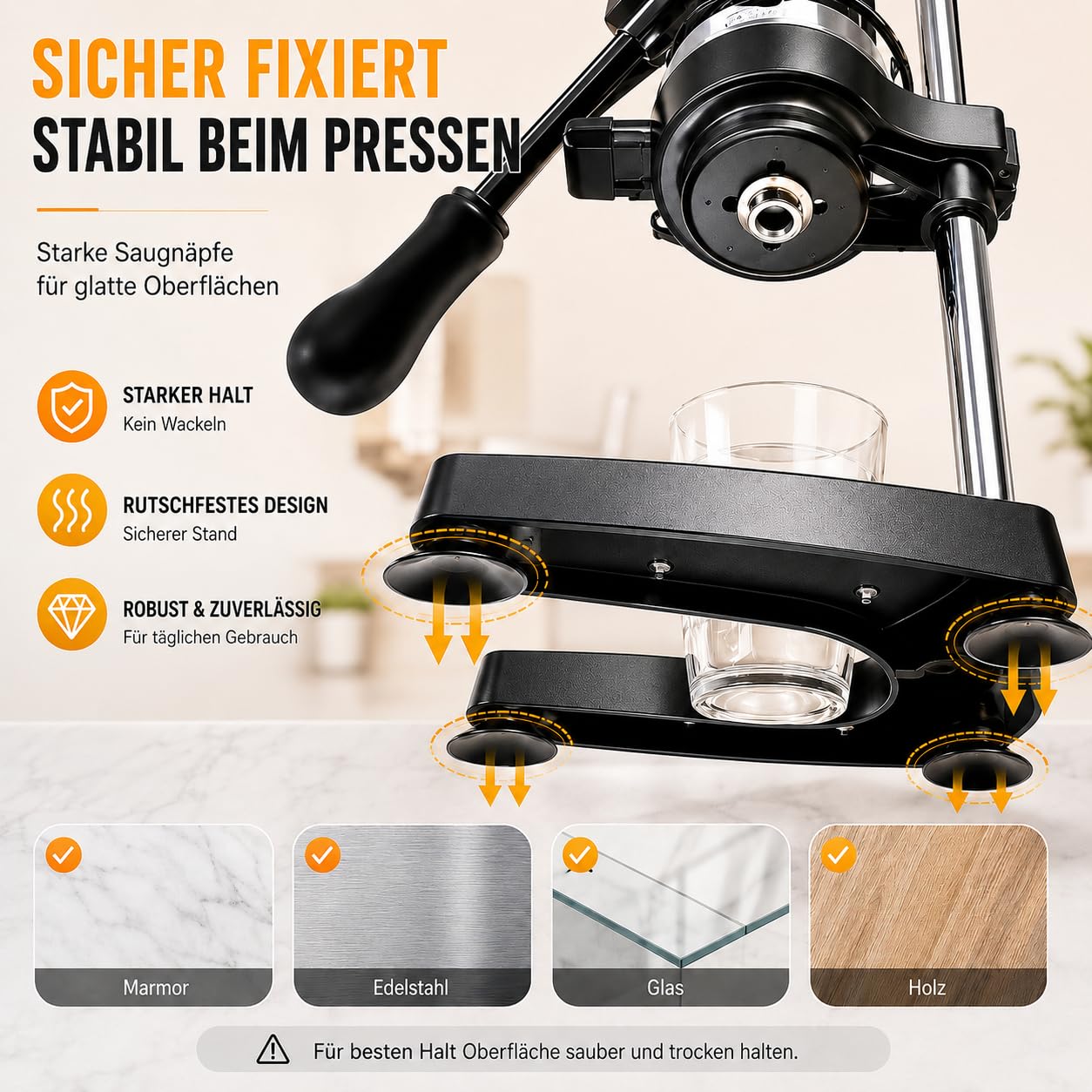 Manuelle Saftpresse Edelstahl 304, 48 cm, mit 2 Pressaufsätzen | Für Orangen, Zitronen, Granatäpfel, Apfel- und Birnenstücke; hoher Auslauf für Becher, stabile Saugfüße