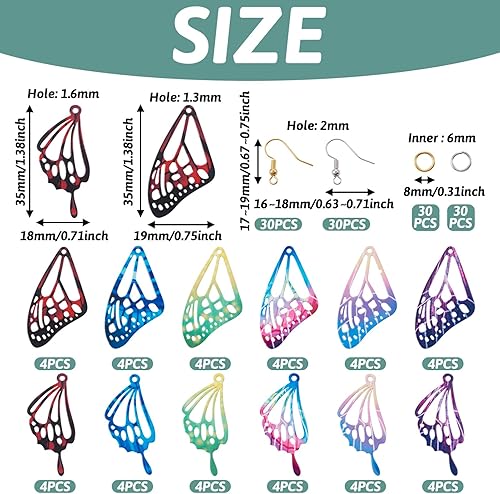 Miniatura 5 de FASHEWELRY 48 dijes de alas de mariposa de acero inoxidable con diseño de arco iris, alas de hada, colgantes de plumas de filigrana con 120 piezas