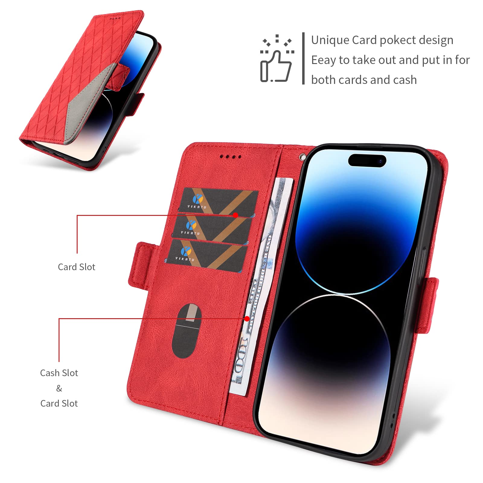 Custodia A Portafoglio In Pelle Rossa Per OPPO A98 5G: Con Tasche Per Carte, Supporto Magnetico E Funzione Stand, Antiurto - 4