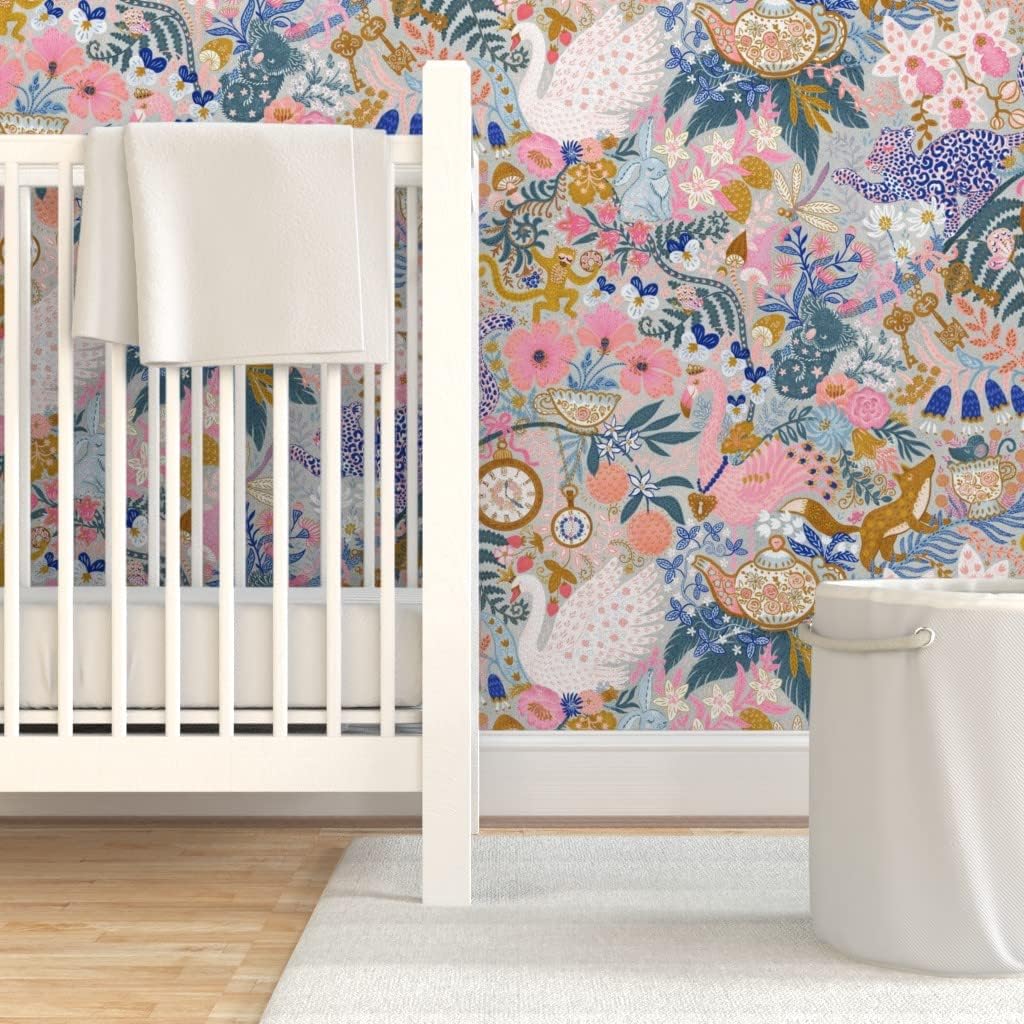 Peel & Stick Wallpaper 3ft x 2ft - Tea Time Fairy Tale Animas Whimsial Maximalist Gray Pink Custom Removable Wallpaper by Spoonflower