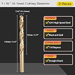 Drill Bit, 7/16" Cutting Diameter (11.11mm), 4241 HSS Jobber Bits Black and Gold 118° Cutting Angle Versatile - (Applications: for Drilling Plastic Wood Soft Thin Metal), 2-Pieces