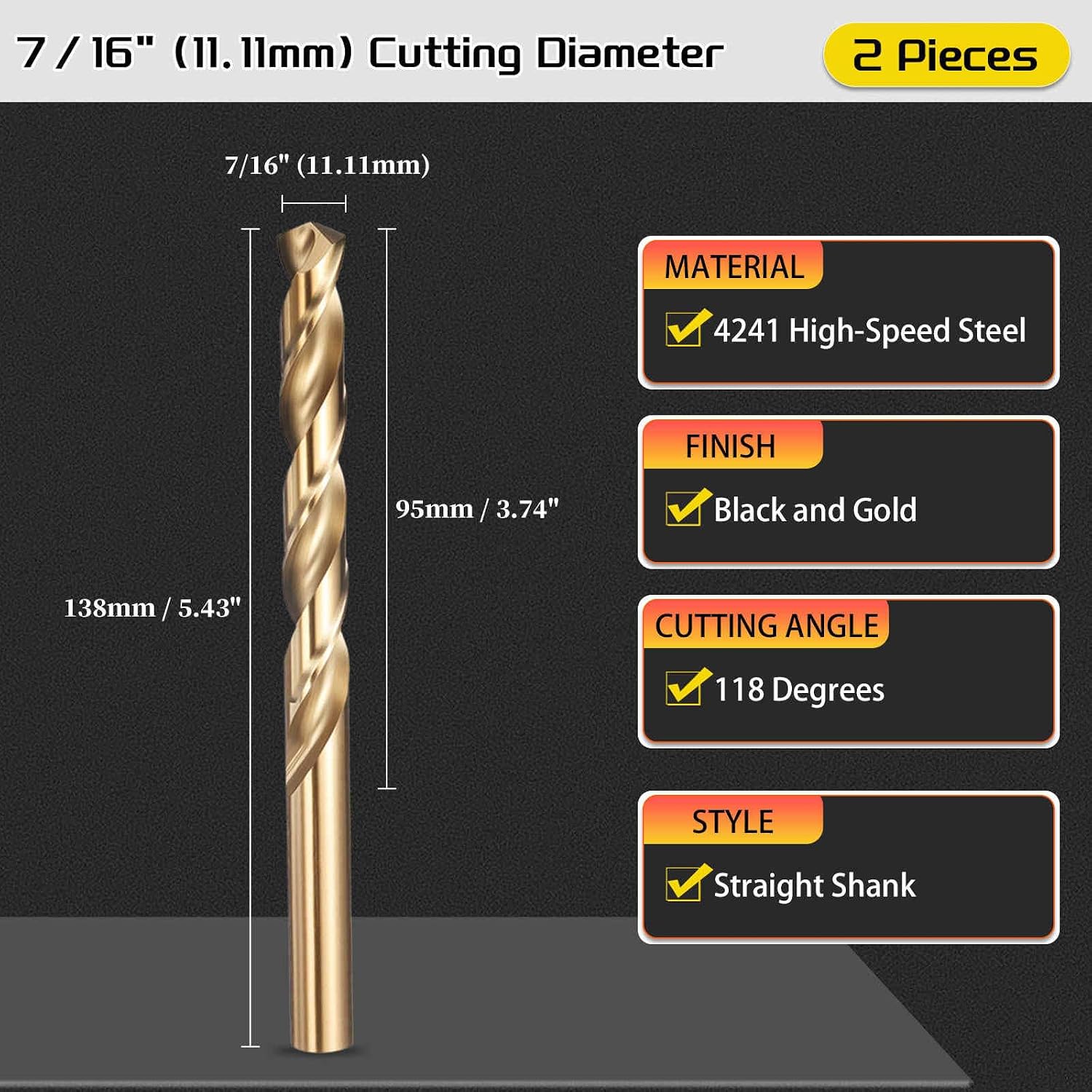 Drill Bit, 7/16" Cutting Diameter (11.11mm), 4241 HSS Jobber Bits Black and Gold 118° Cutting Angle Versatile - (Applications: for Drilling Plastic Wood Soft Thin Metal), 2-Pieces