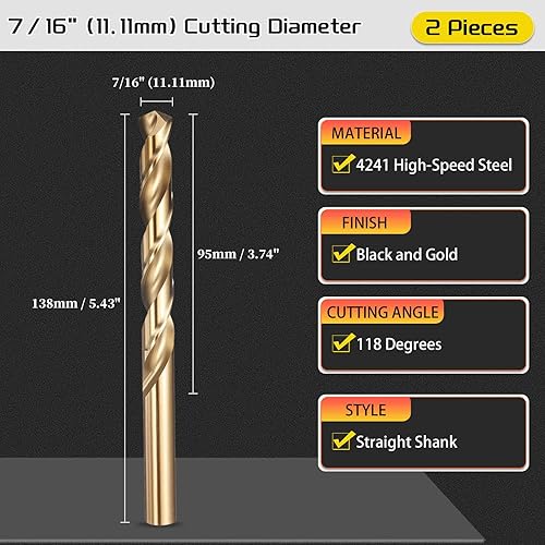 Miniatura 2 de Broca, diámetro de corte de 716 pulgadas (0.437 in), 4241 brocas HSS negro y dorado, ángulo de corte de 118 versátil, (aplicaciones para perforar