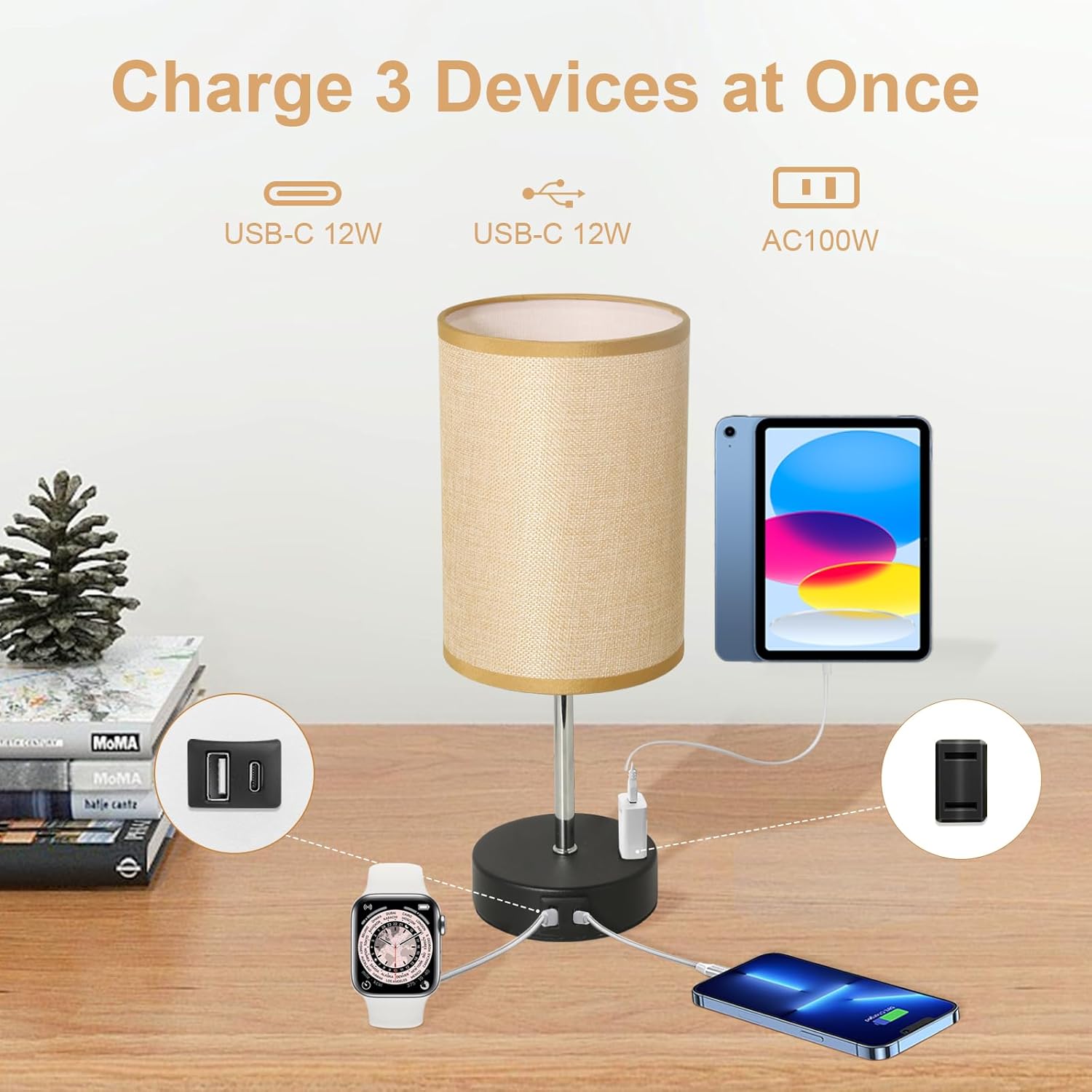 Touch Table Lamp - 3 Way Dimmable Bedside Table lamp with USB-C USB-A and AC Charing Ports Wood Grain Base with Linen lampshade Free E26 Bulb Included (Satin Black), Small, NV-TL001-10