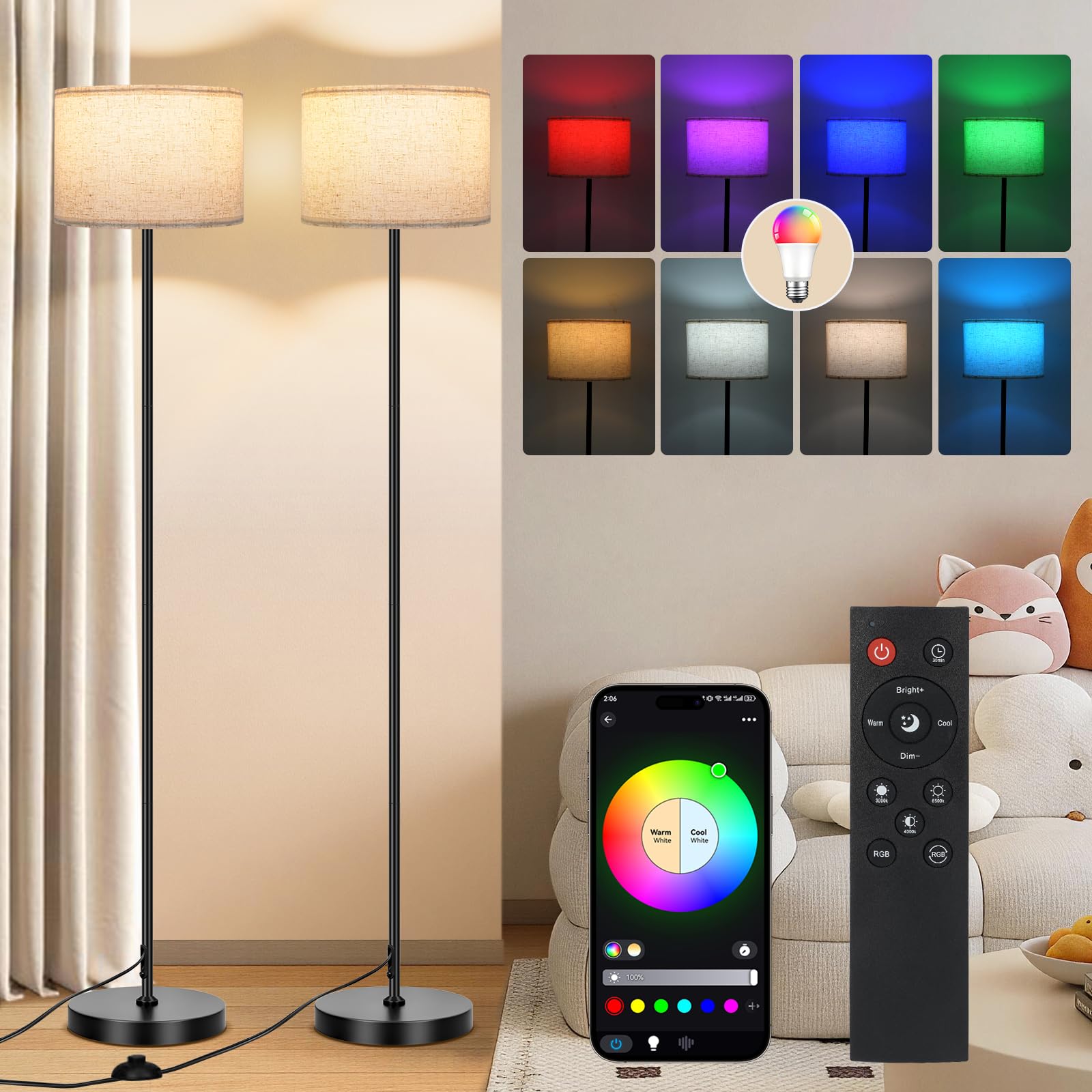 FRIDEKO HOME 2 Pack Floor Lamp β RGB Standing Lamp with Music Sync & Brightness Dimmable Modern Tall Lamps with App & Remote Control Standard Lights for Living Room Bedroom Gaming,Beige Lampshade