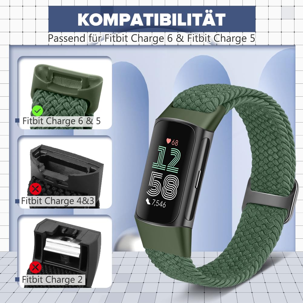 Elastyczna, pleciona bransoletka kompatybilna tylko z Fitbit Charge 6/Fitbit Charge 5, regulowana, rozciągliwa tkanina nylonowa, bransoletka zastępcza do Fitbit Charge 6/Charge 5, dla kobiet