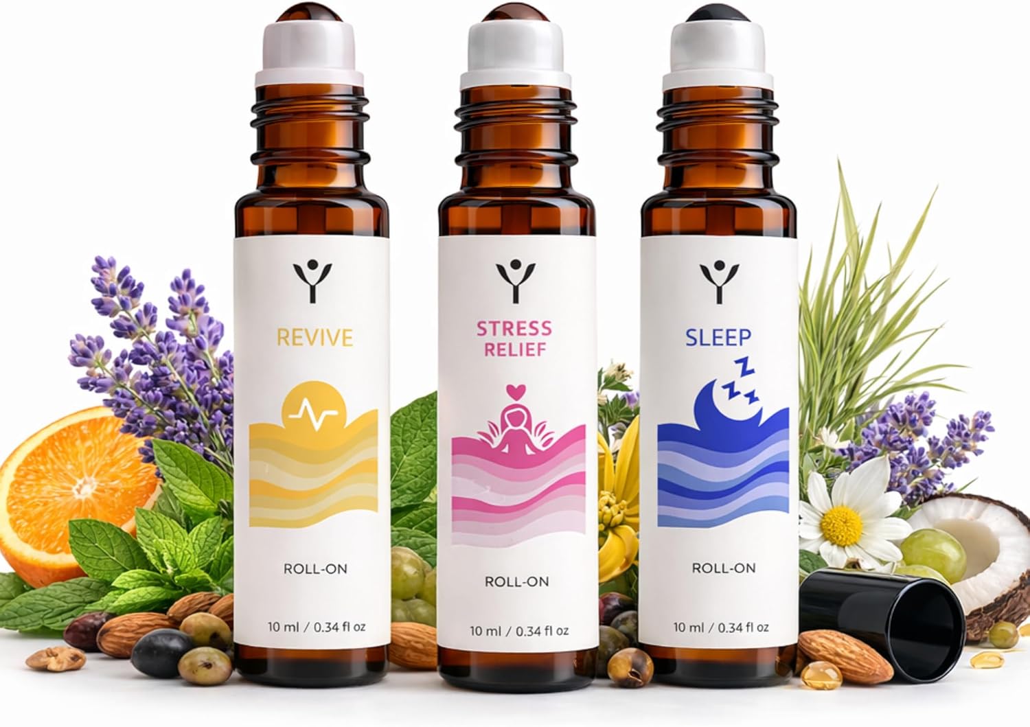 Essential Oil Roll On Set (3 Pack) – Sleep, Stress Relief & Revive Aromatherapy Rollers – Pre-Diluted Travel Size Blends for Relaxation & Bedtime – Wellness Gift for Women