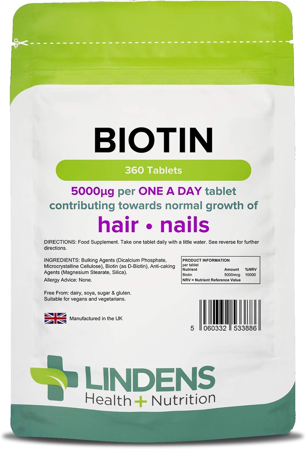 Lindens Biotin 10mg Tablets, 360 Pack