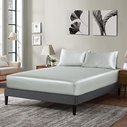 Miniatura 8 de P Pothuiny Sábana bajera de satén tamaño individual, 1 sábana bajera individual, funda de colchón extra suave con bolsillo profundo para cama de 12