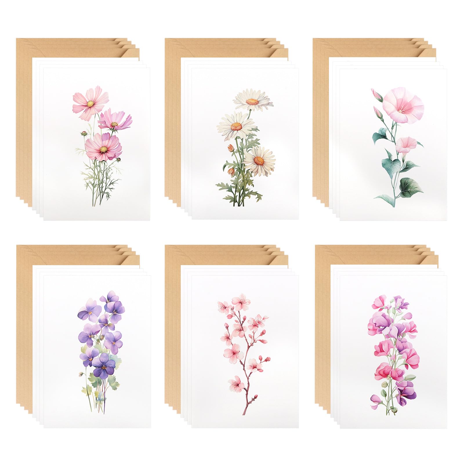 Luixenir 24 Pack Fresh Floral Blank Cards and Envelopes Set Elegant Floral Greeting Cards with Blank Inside Suitable for Wedding, Promotion, Graduation and Birthday