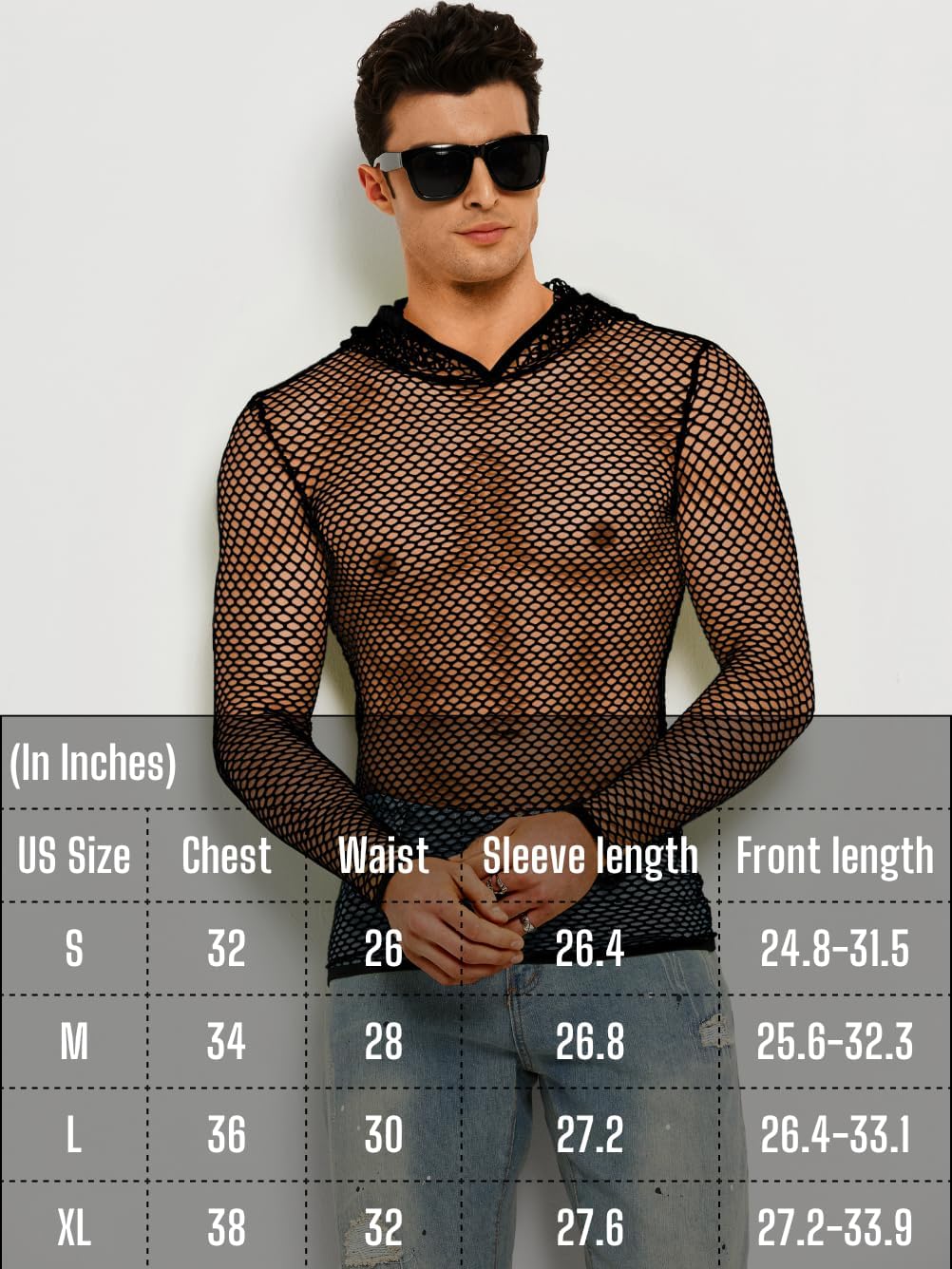 Mens Mesh Shirt, Long Sleeve Muscle Workout Hoodie, Sheer See Through Base Layer, Fishnet Sexy Top Rave Outfits Club - Image 6