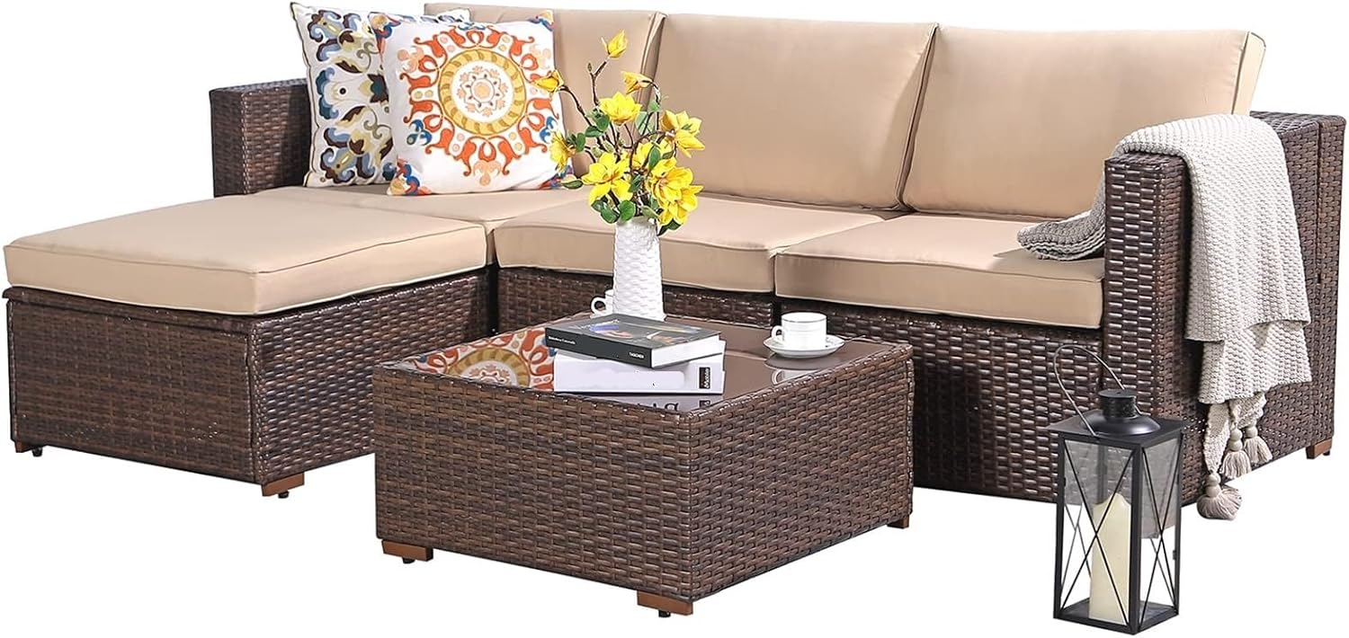 5 Piece Outdoor Patio Furniture Set All-Weather Grey PE Wicker Cushions Sectional Conversation Sets for Backyard Porch Balcony Poolside Garden(Brown)