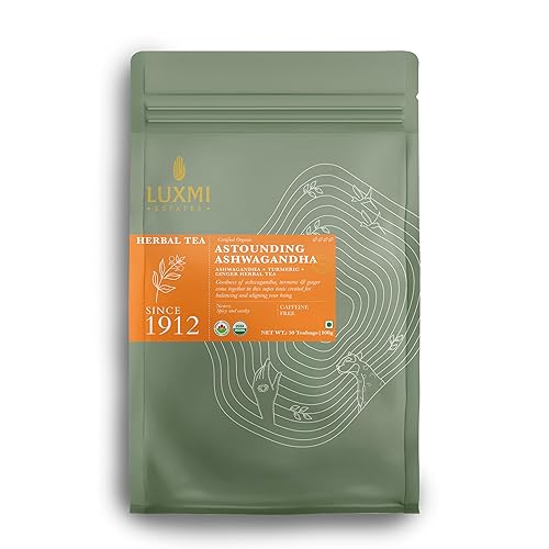 Luxmi Estates Astounding Ashwagandha Tea, 50 bolsas de té, con Ashwagandha, cúrcuma, jengibre, hierba de limón y más, para aliviar el estrés, calmar